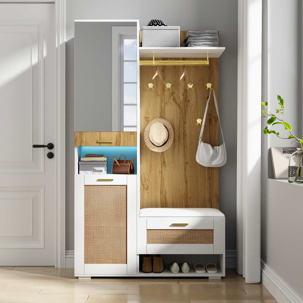 Ensemble de garde-robe moderne Bois et blanc avec miroir, LED, meuble à chaussures et banc - 9