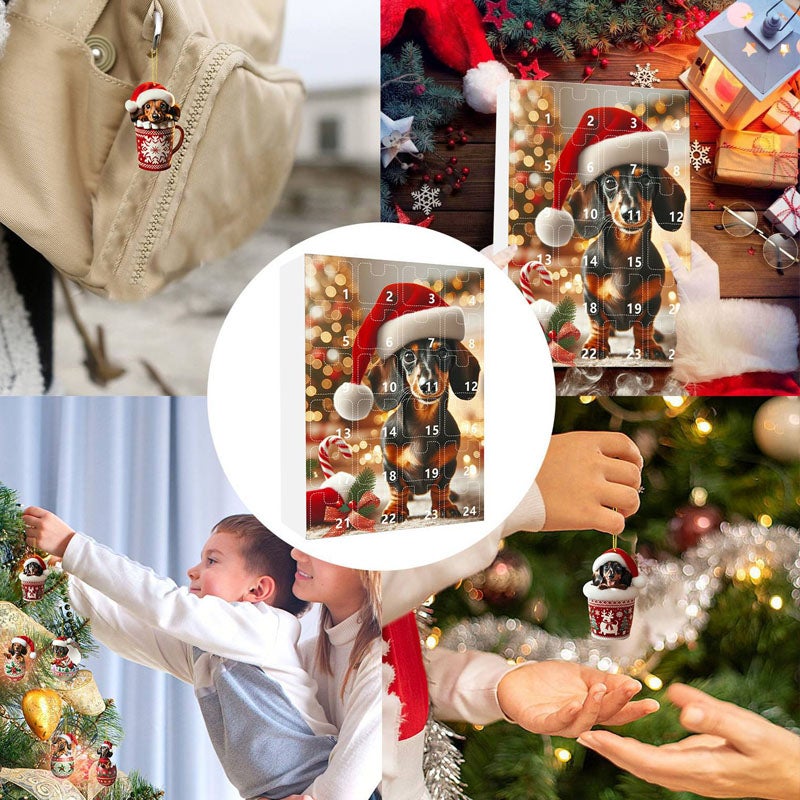 Kalendarz adwentowy z jamnikiem, 24-dniowy kolekcjonerski kalendarz świąteczny, odliczanie, miniaturowa wisząca choinka - 5