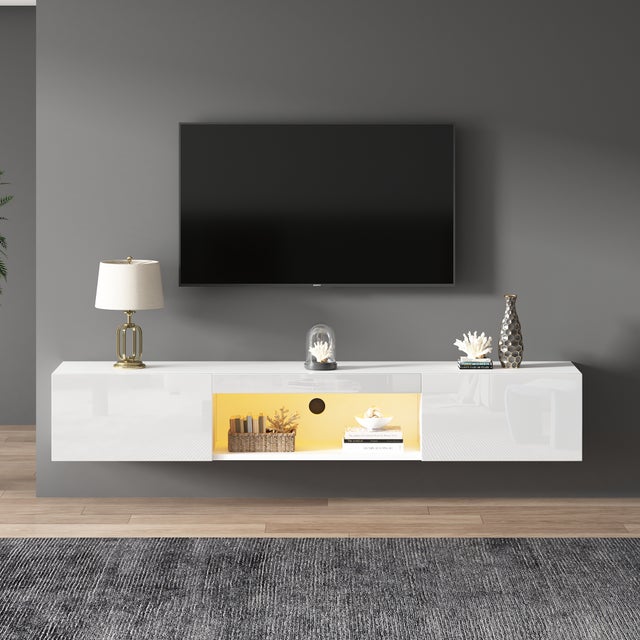 Meuble TV suspendu avec 2 portes et compartiment ouvert - 160 x 31 x 22 cm - LEDs - Panneau de particules - Blanc brillant