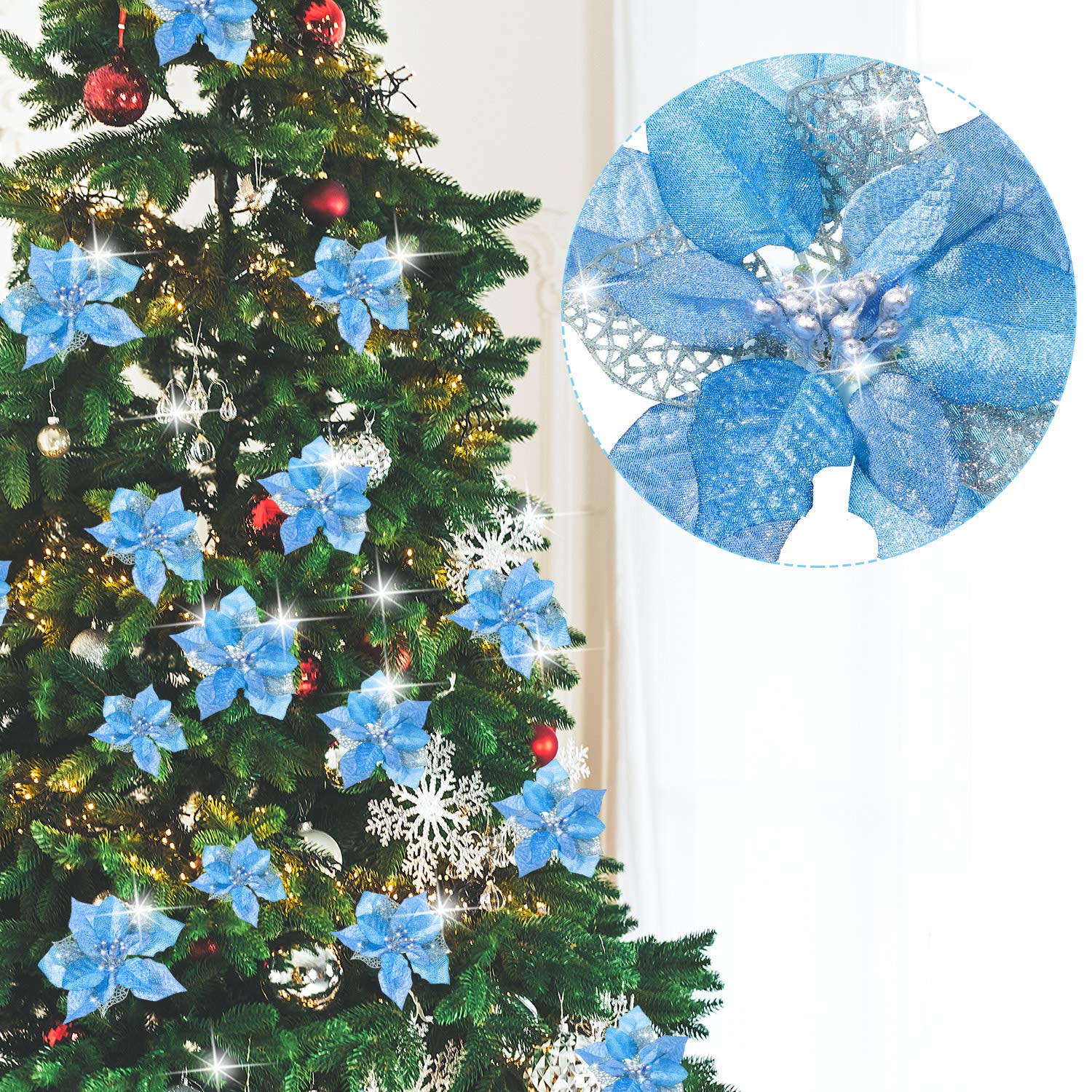 Lot de 50 décorations de Noël, fleurs artificielles scintillantes avec clips, décorations pour sapin de Noël, pendentifs de fleurs artificielles - 2