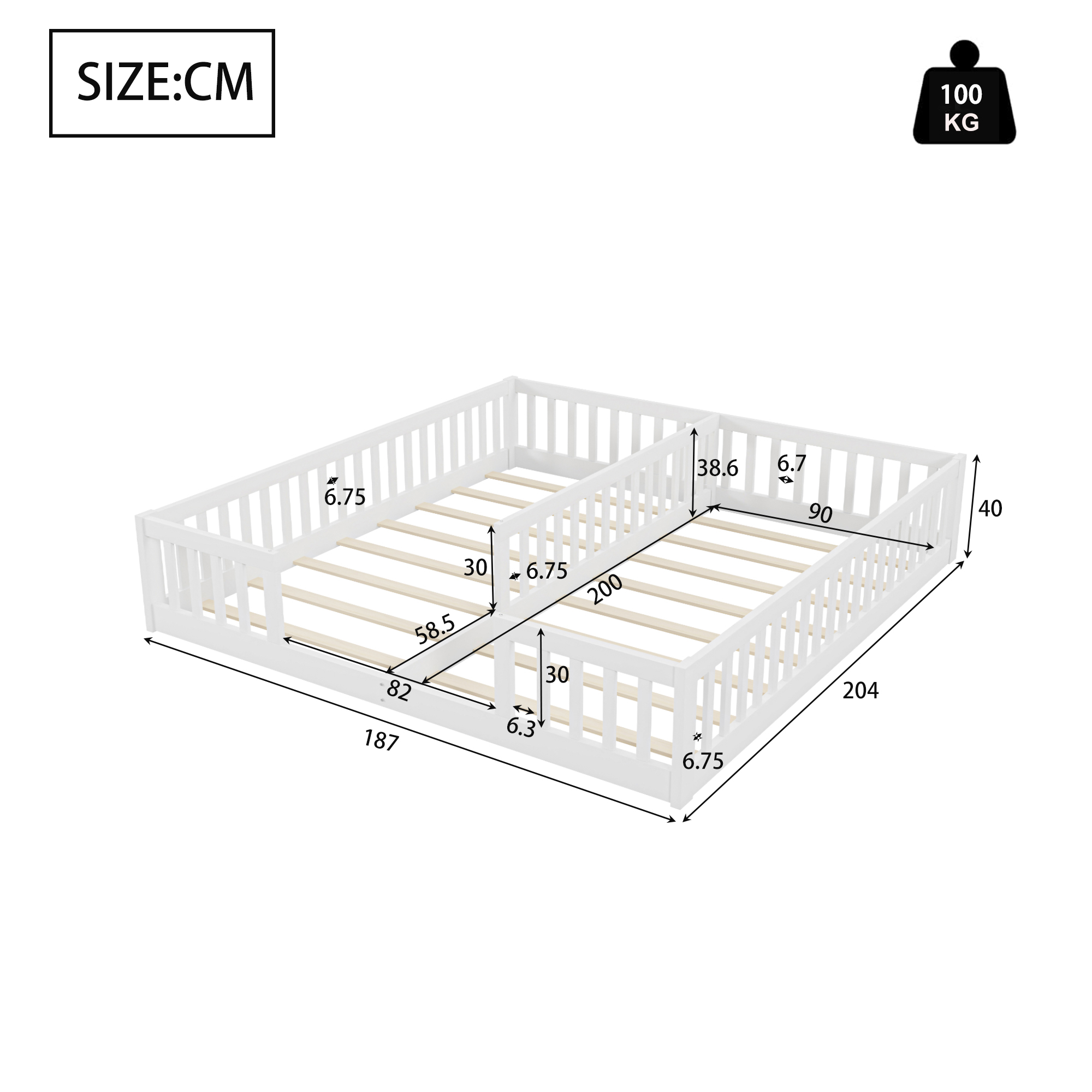 Montessori Lit de sol 90 x 200 cm avec barrières de sécurit, lit d'enfant 2 place, lit en bois avec sommier à lattes, blanc (sans matelas) - 3