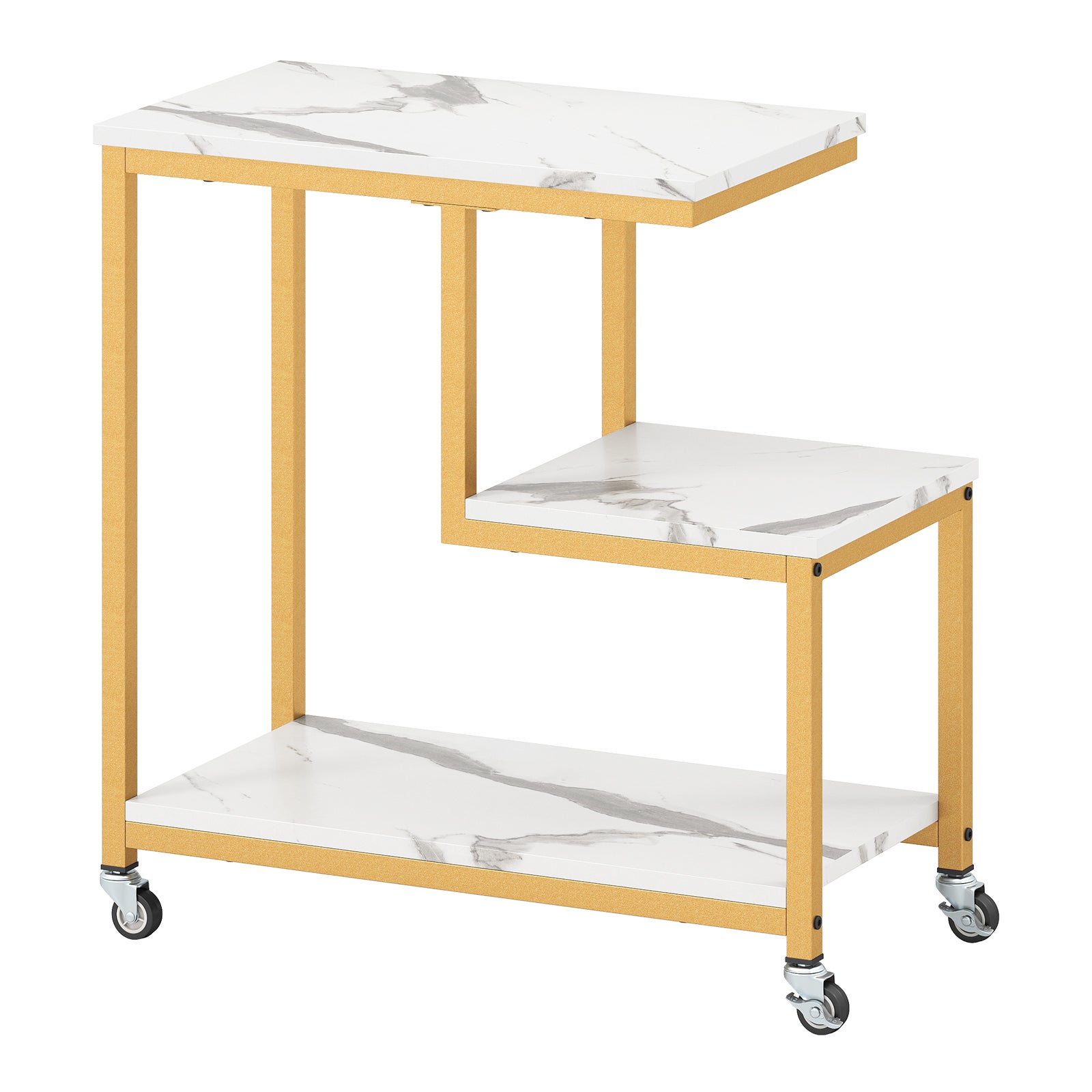 Stolik Pomocniczy w Kształcie Litery G, Stolik do Kanapy 59 x 30 x 61 cm, 3 Półki do Przechowywania, Złota Metalowa Rama, Blokowane Kółka, do Salonu