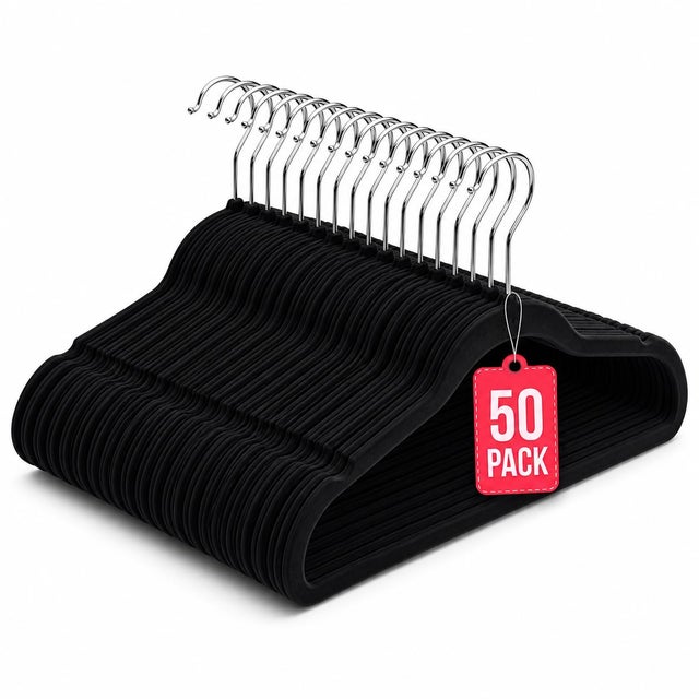 COM-FORT HOUSE Perchas Terciopelo Antideslizantes Pack 50 Negro - Ultrafinas Ahorra Espacio para Trajes, Vestidos y Camisas