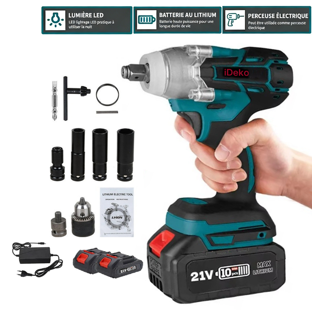 Chave de Impacto Sem Fio LED Brushless com 2 Baterias 520 N·m, Velocidade Variável 0-4000 rpm, 4 Buchas