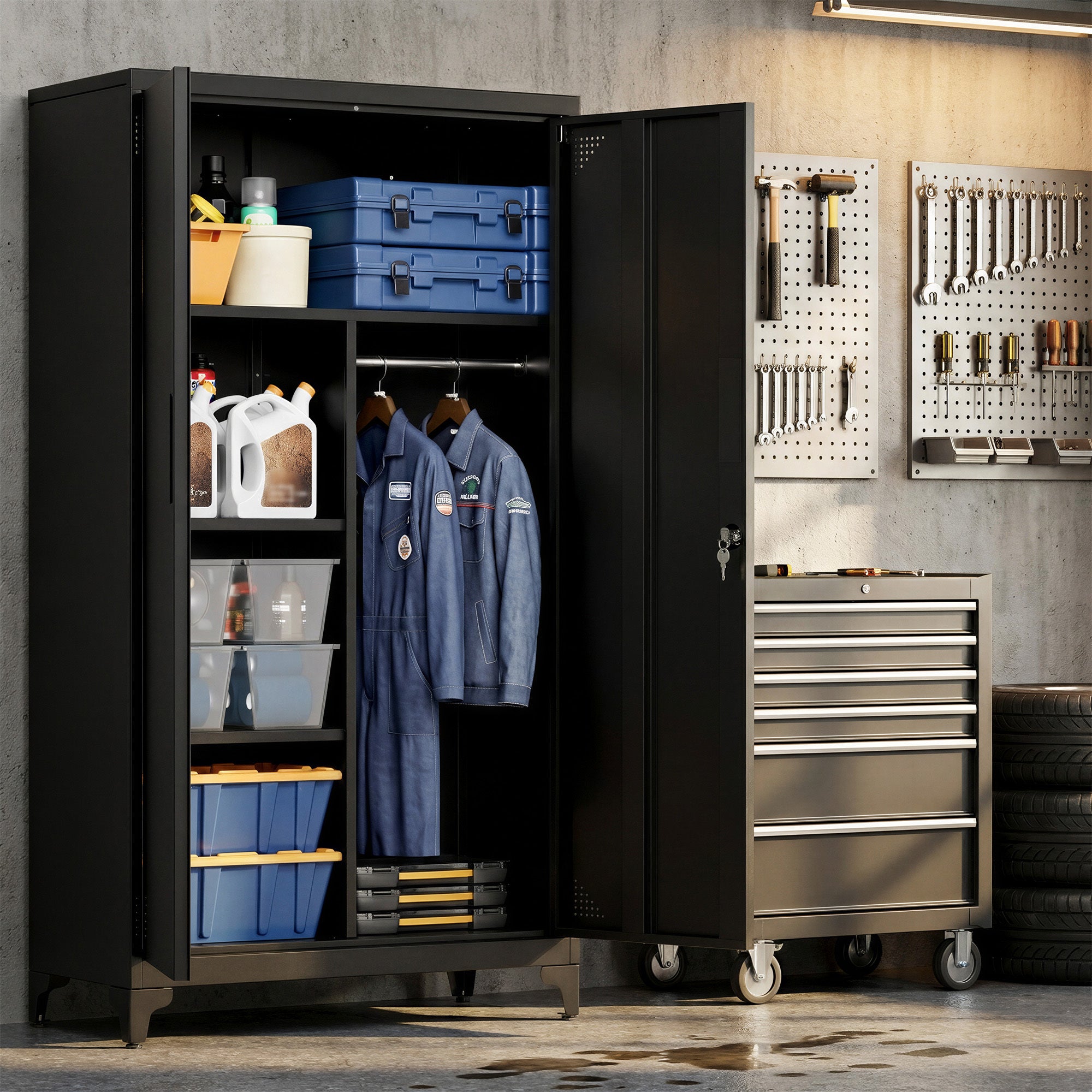 Armoire Métallique avec Tringle, 2 Portes, 5 Compartiments, Verrouillable, Pieds Hauts, Noir - 2
