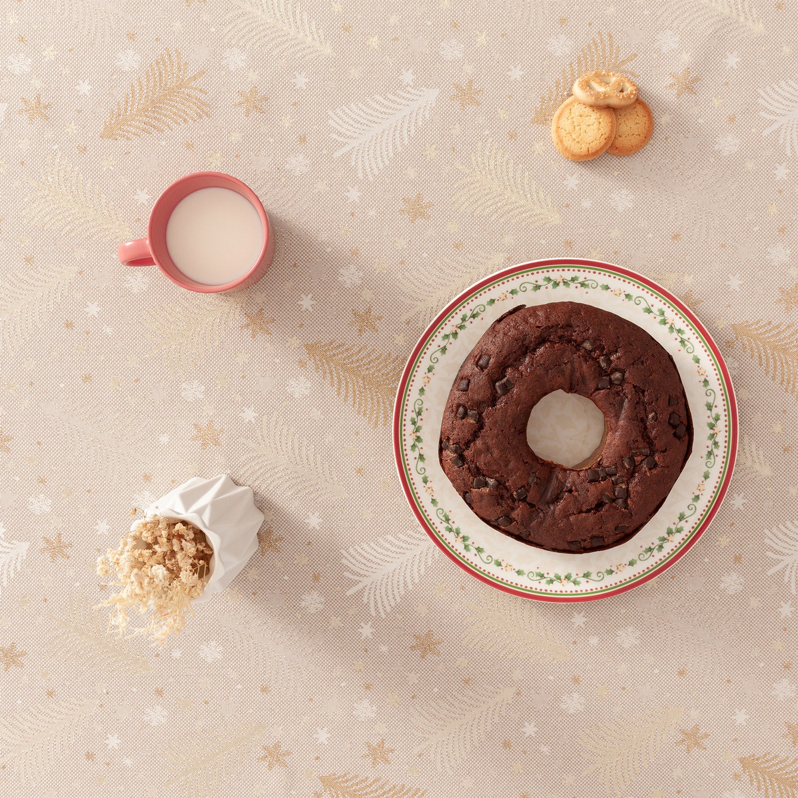 Tovaglia di Natale quadrata in cotone jacquard beige e oro 140x140 cm - Christree - 3