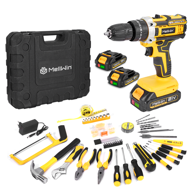 Taladro atornillador inalámbrico 21 V, taladro percutor sin escobillas 45 Nm, portabrocas 10 mm, 25+3 velocidades, con 2 baterías y 45 accesorios