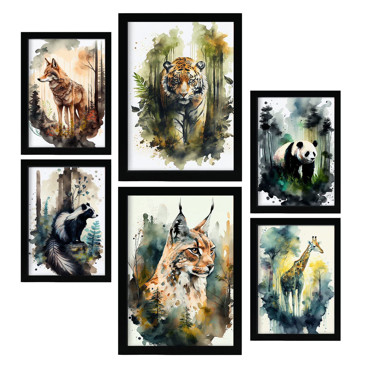 Nacnic posters de cálido y frío coloridas ilustraciones de animales en paisajes naturales estilo acuarela diseño moderno para la a4 & a3 marco negro