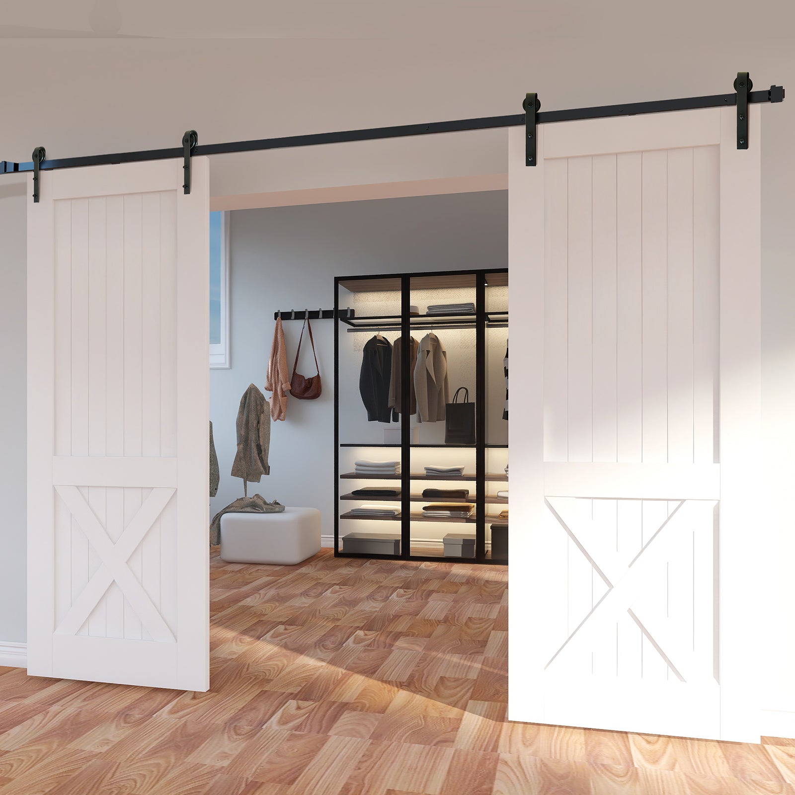 Kit Quincaillerie de Porte VEVOR Coulissante de Grange 244 cm Rail Porte Coulissante Convient Double Porte Largeur 1,12-1,32 m Epaisseur 32-45 mm Char - 8