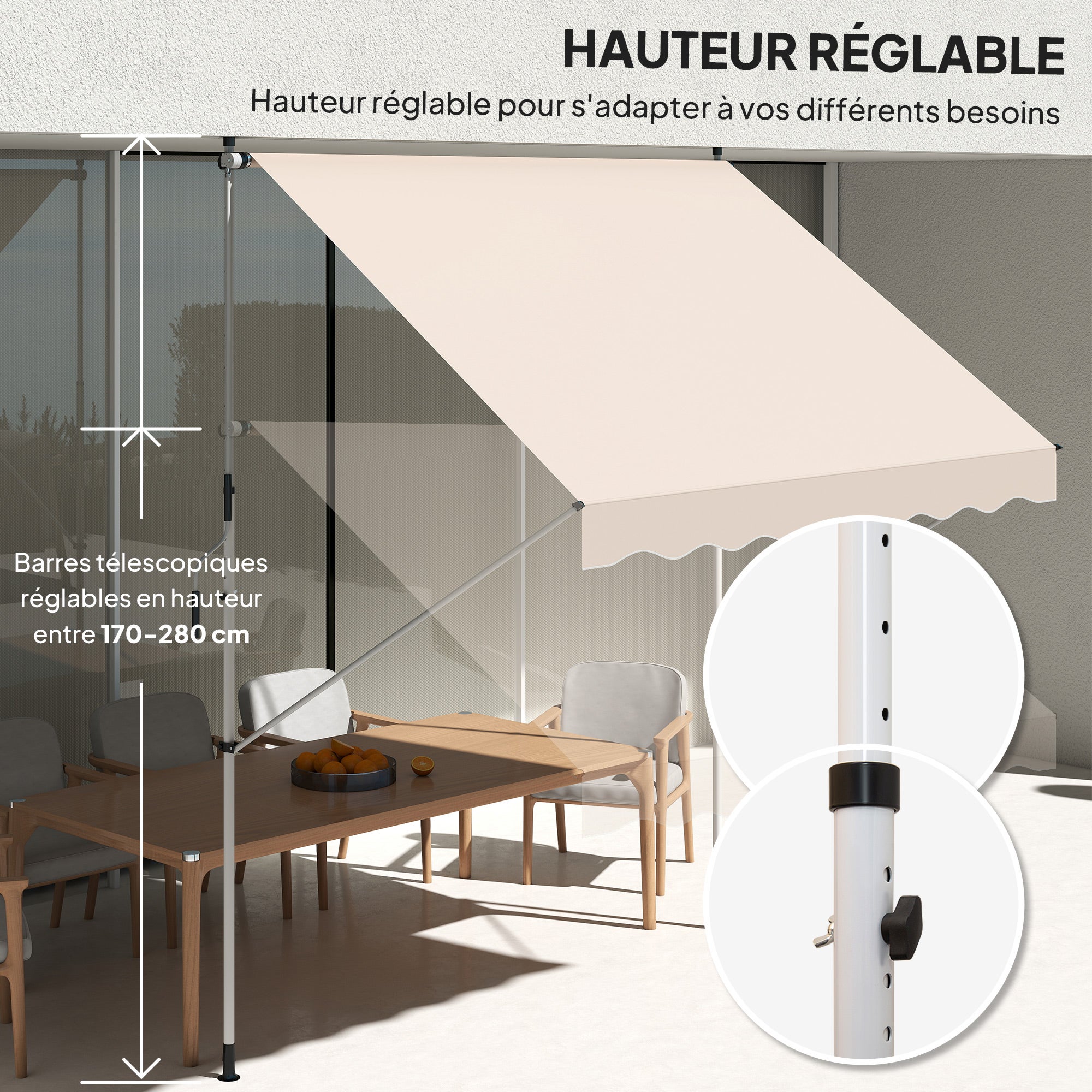 Store banne rétractable manuellement, 3 mètres de long x 1,5 mètre de large, sans perçage, inclinaison et hauteur réglables, résistant aux UV. - 9