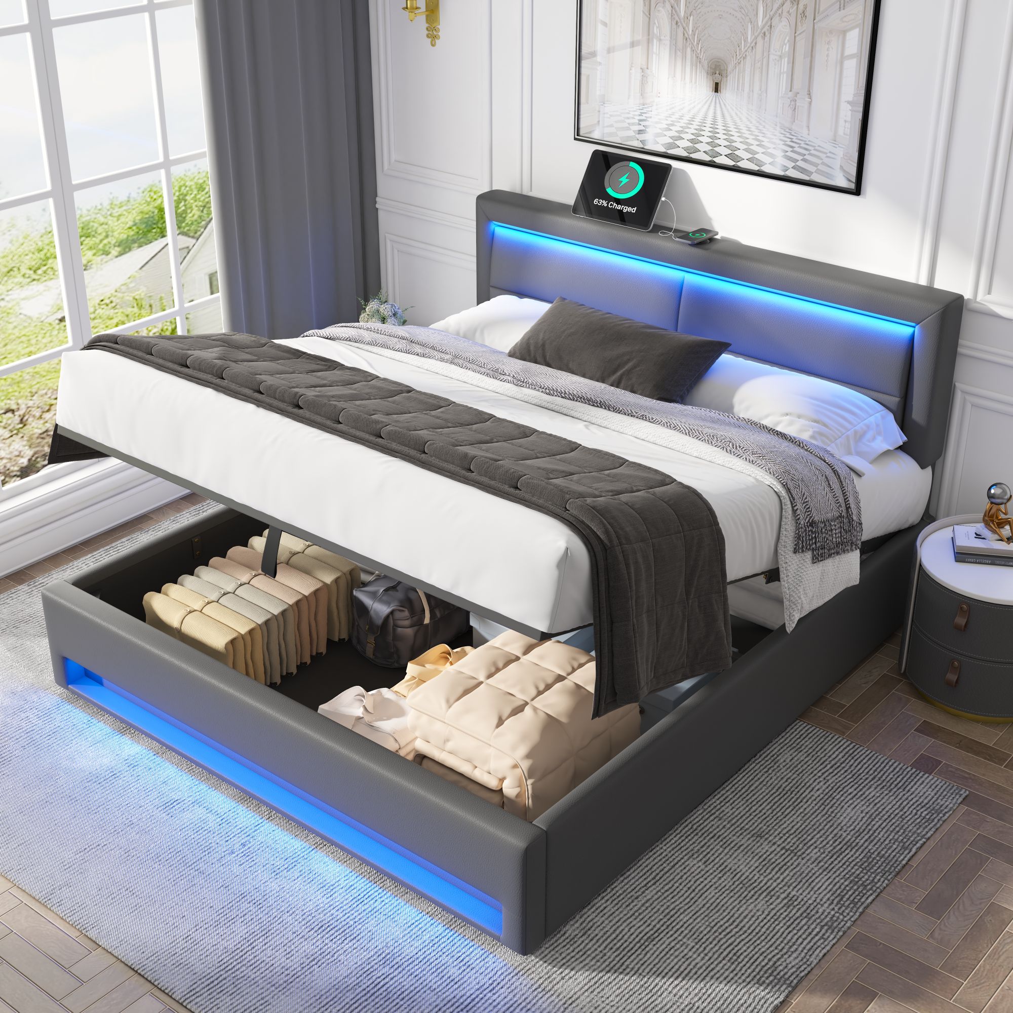Łóżko z pojemnikiem 160 x 200 cm i zagłówkiem - skóra ekologiczna - port USB i oświetlenie LED - kolor szary