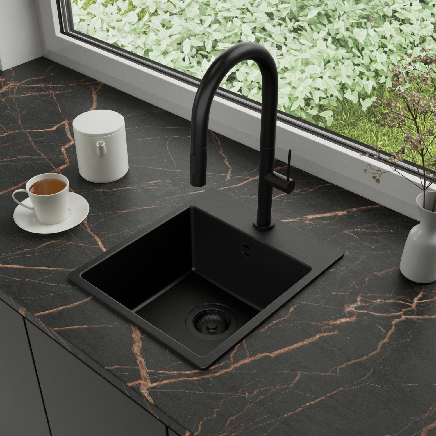 Zlewozmywak Granitowy 38x44cm, do szafki od 40cm + Bateria + Syfon - Amber Cały Czarny STONESTYLE