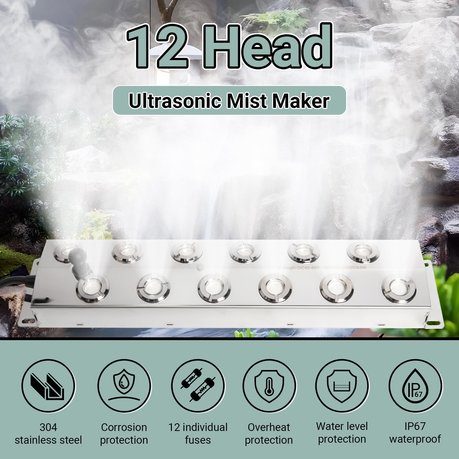 Brumisateur à Ultrasons 12 Têtes - Pour étang, Serre, Décoration - Alimentation étanche 400W - Avec Flotteur - 8