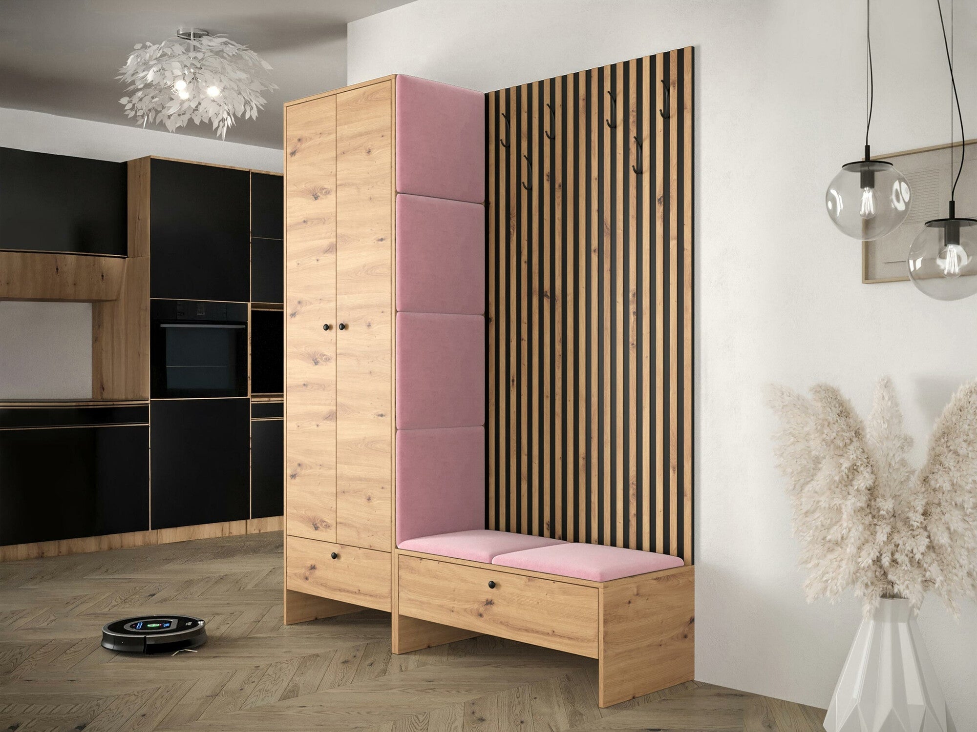 Meuble d'entrée Donio III, 206x145x44cm, Noir, Chêne Artisan, Tissu, Stratifié, À poser - 2