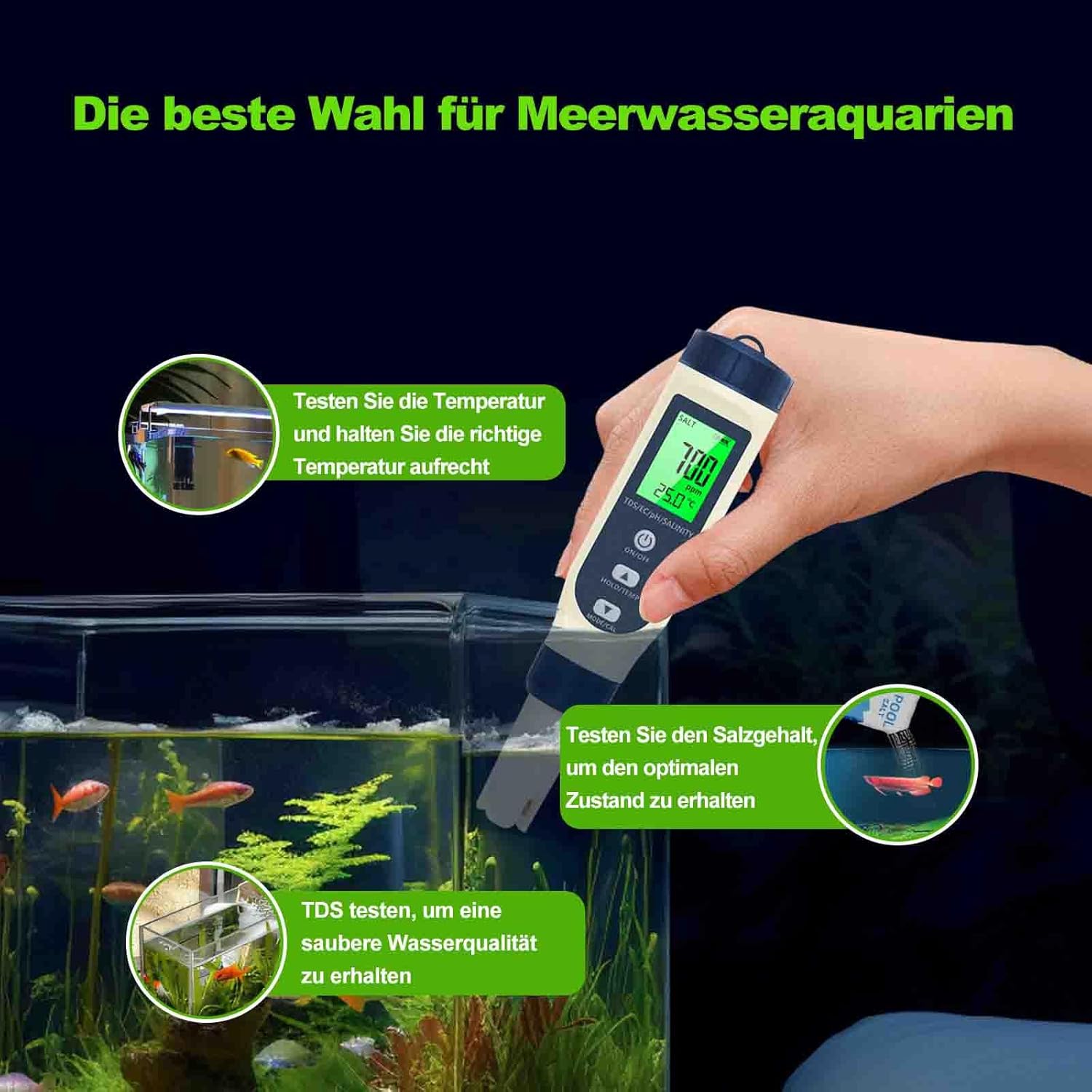 Testeur de pH 5 en 1 avec écran LCD, pH/TDS/EC/salinité/thermomètre,testeur d'eau de haute précision - 5