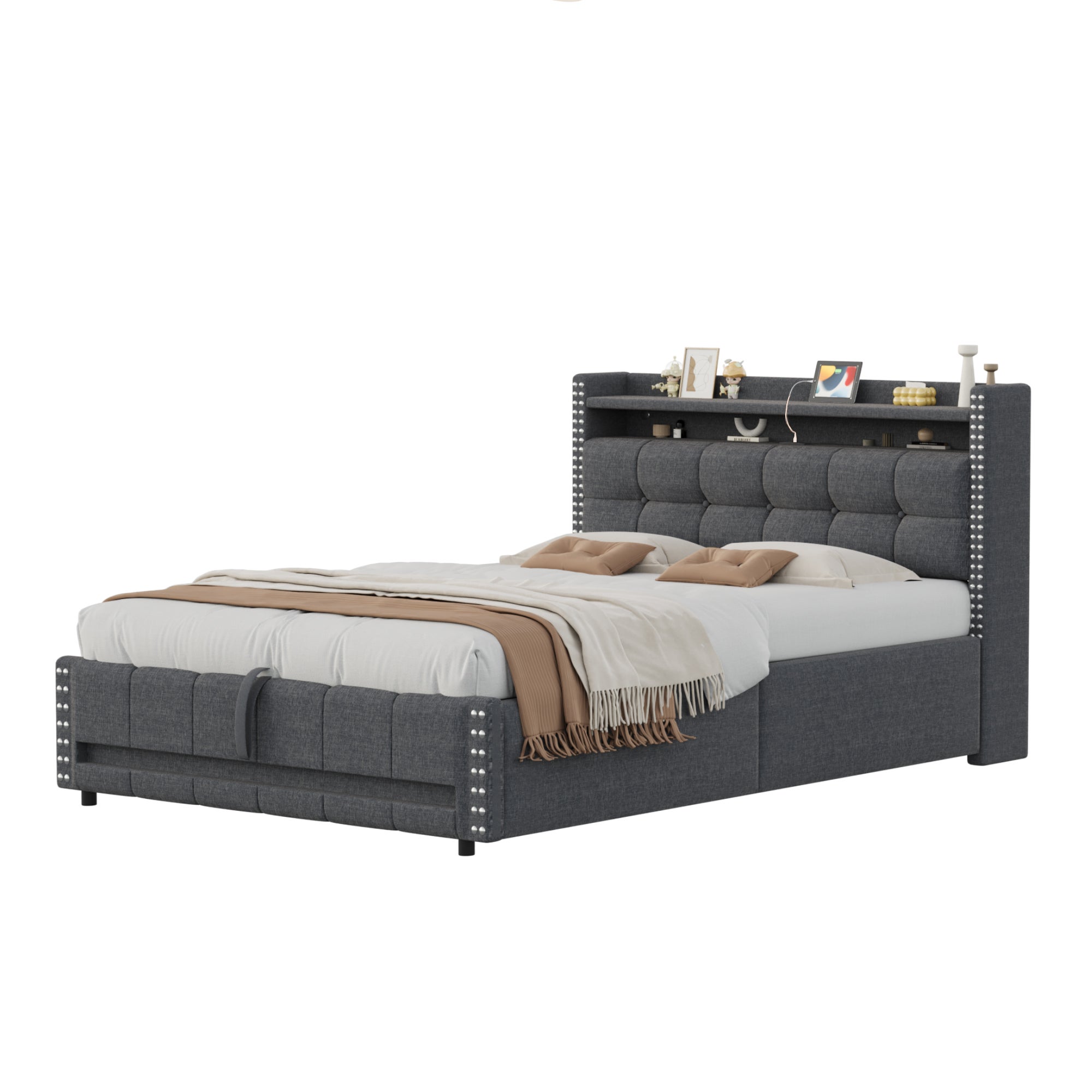 Cama con almacenaje de lino 140x200 cm - con LED y toma USB - con somier - Gris - 4