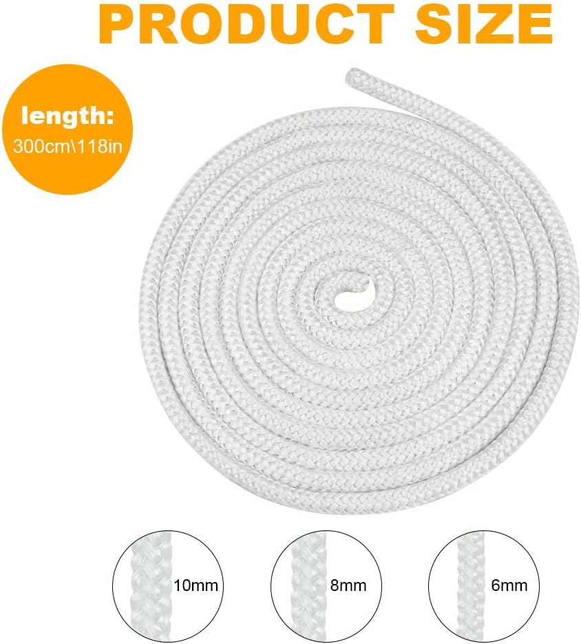 Uszczelka pleciona do wkładu i pieca, 8 mm x 3 m, z włókna szklanego, z 4 taśmami, do pieca opalanego drewnem, kominka, biała - 2