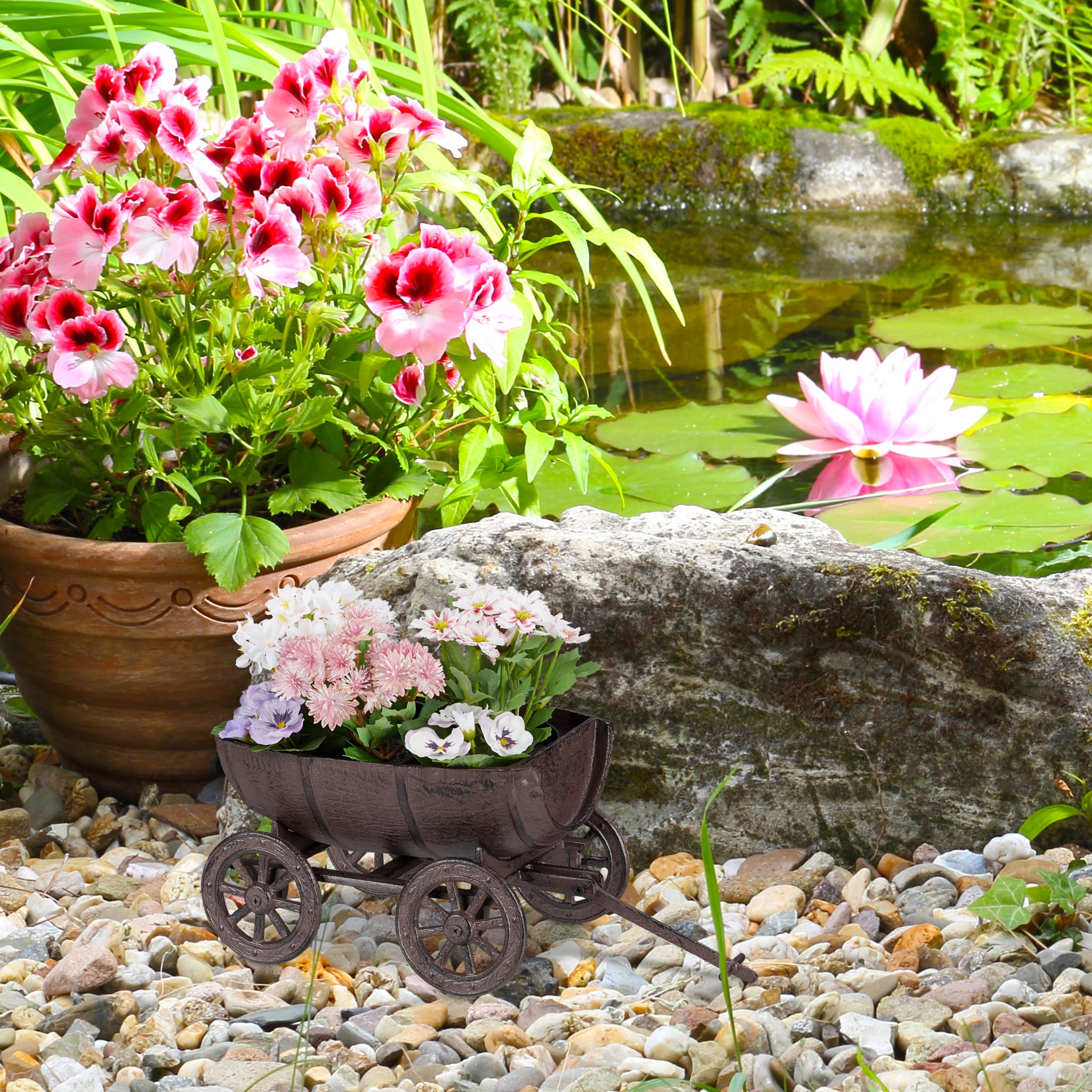 Relaxdays Tonneau à plantes, décoration de jardin, demi barique à vin, brouette, fonte de fer, HLP 18x20x29cm, brun - 2