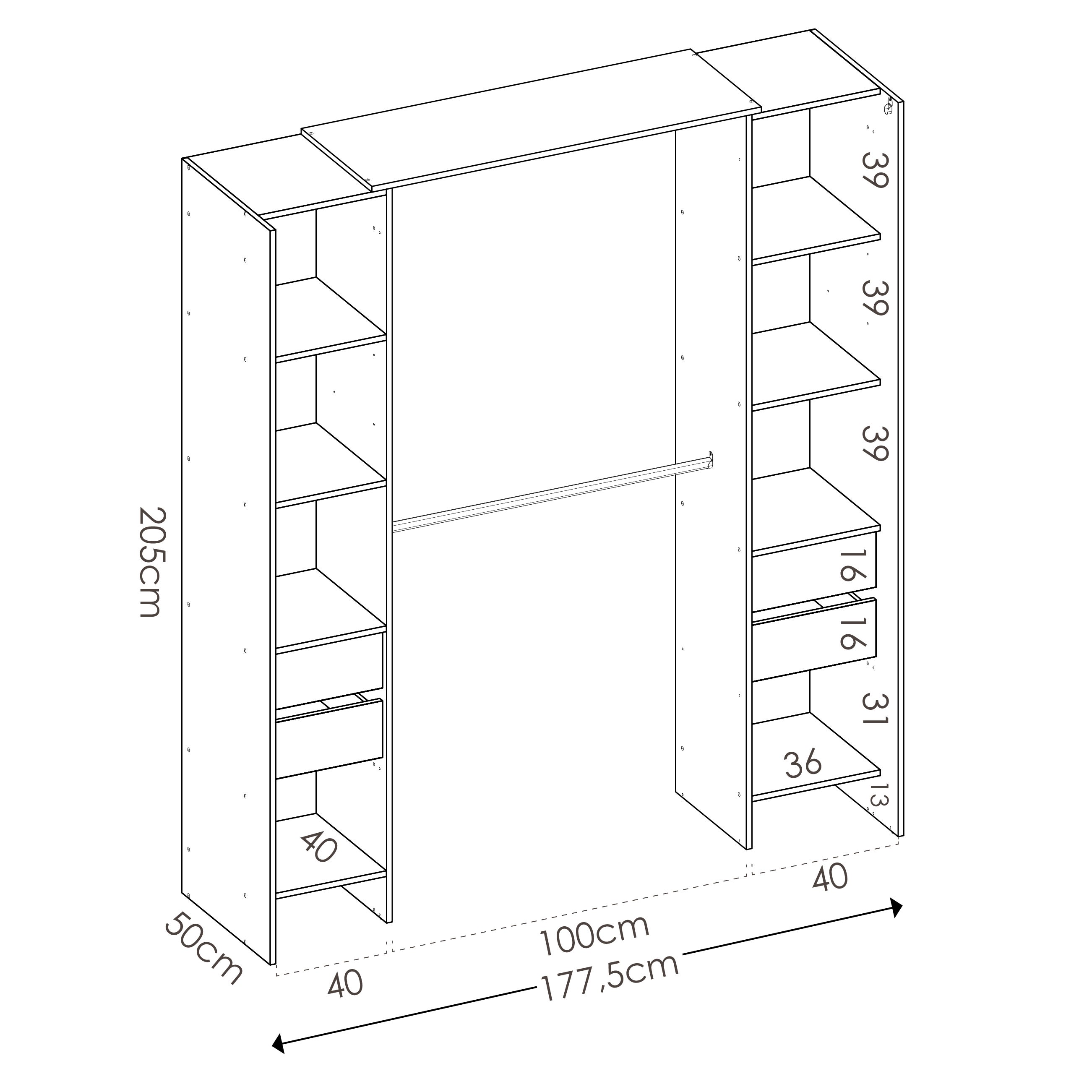 Dressing extensible avec rideau + 4 tiroirs - Decor Blanc - L 180-113 x P 50 x H 205 cm - SUIT - 8
