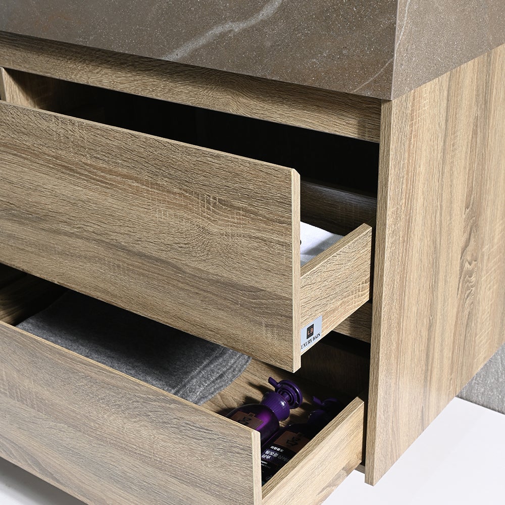 Meuble salle de bain double vasque 120cm bois et effet marbre marron avec miroir LED LB-8476M-120 - 6