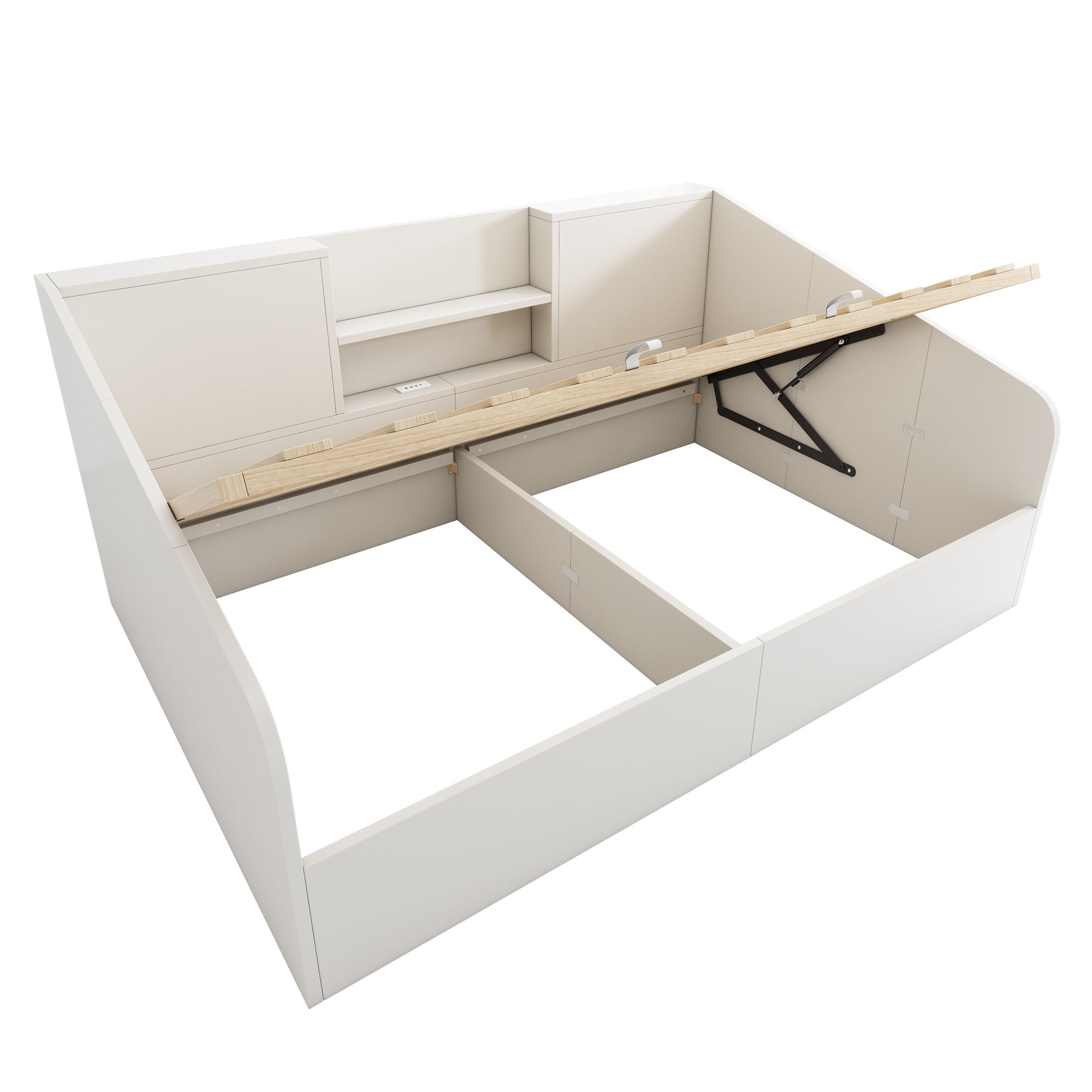 Sofa rozkładana z pojemnikiem 140x190 cm - z USB/typu C - z 2 półkami - płyta MDF + lite drewno - biała (bez materaca) - 8