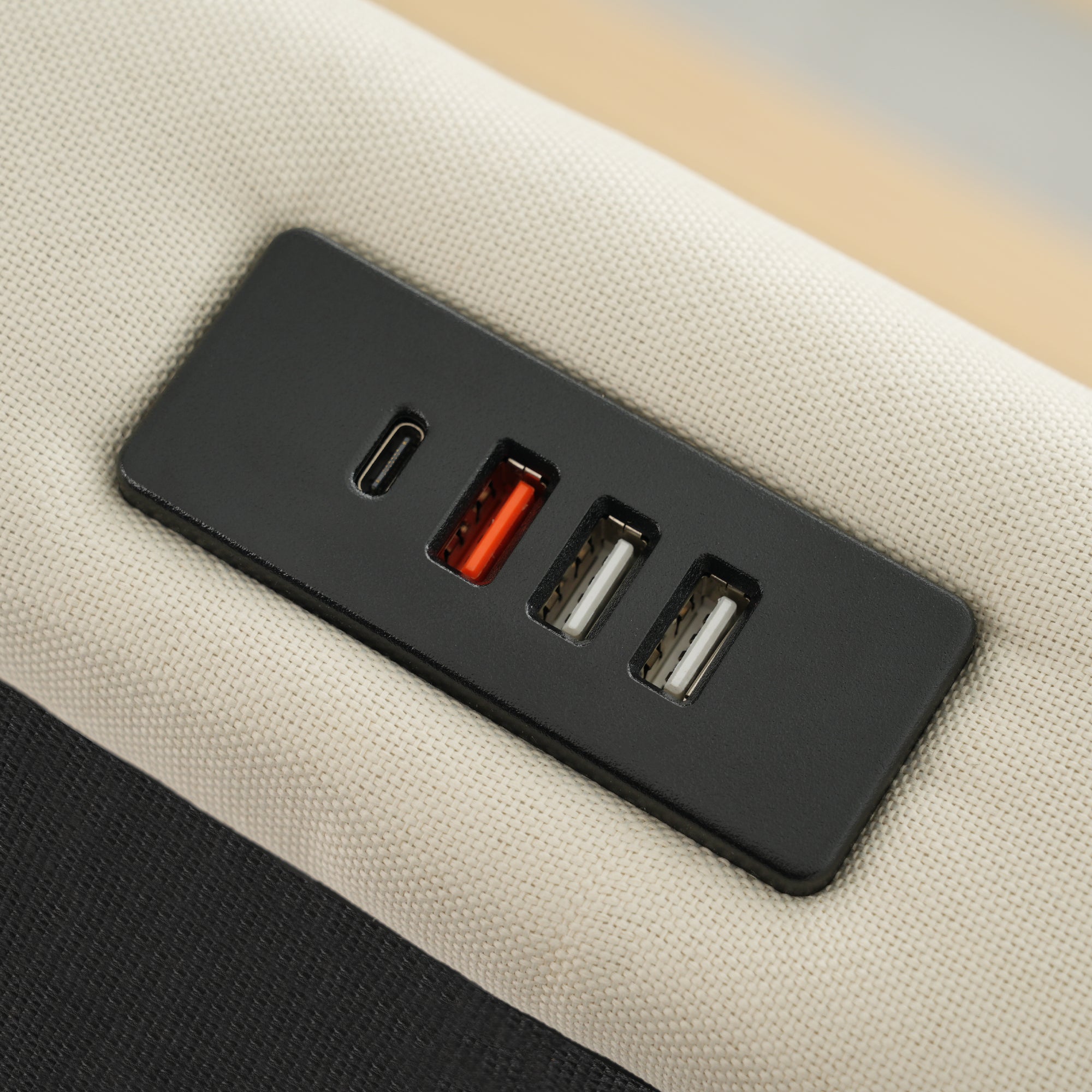 Lit coffre 160x200 cm, lit double hydraulique, tête de lit avec rangement comprenant des ports USB et Type-Cet lumière LED, beige, lin, Sans matelas. - 7