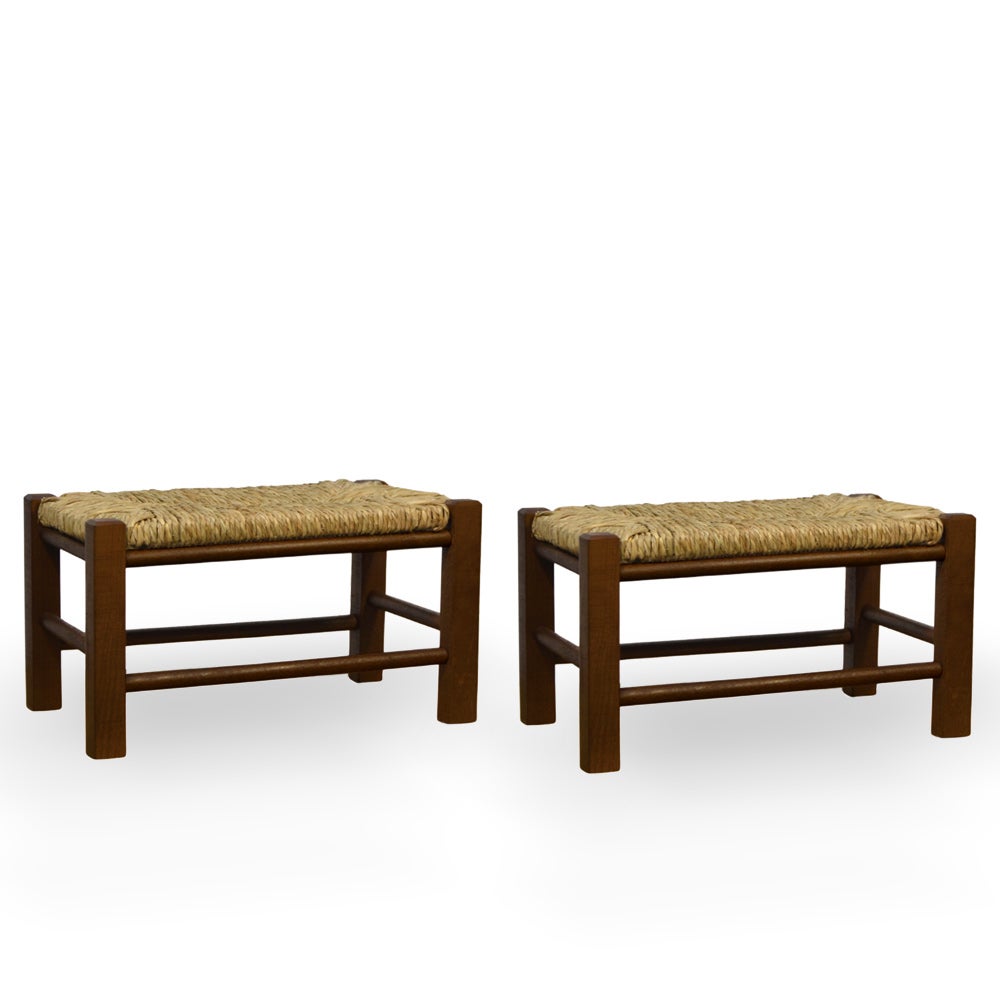 Taburetes relax par de reposapiés en madera de nogal oscuro con asiento de paja