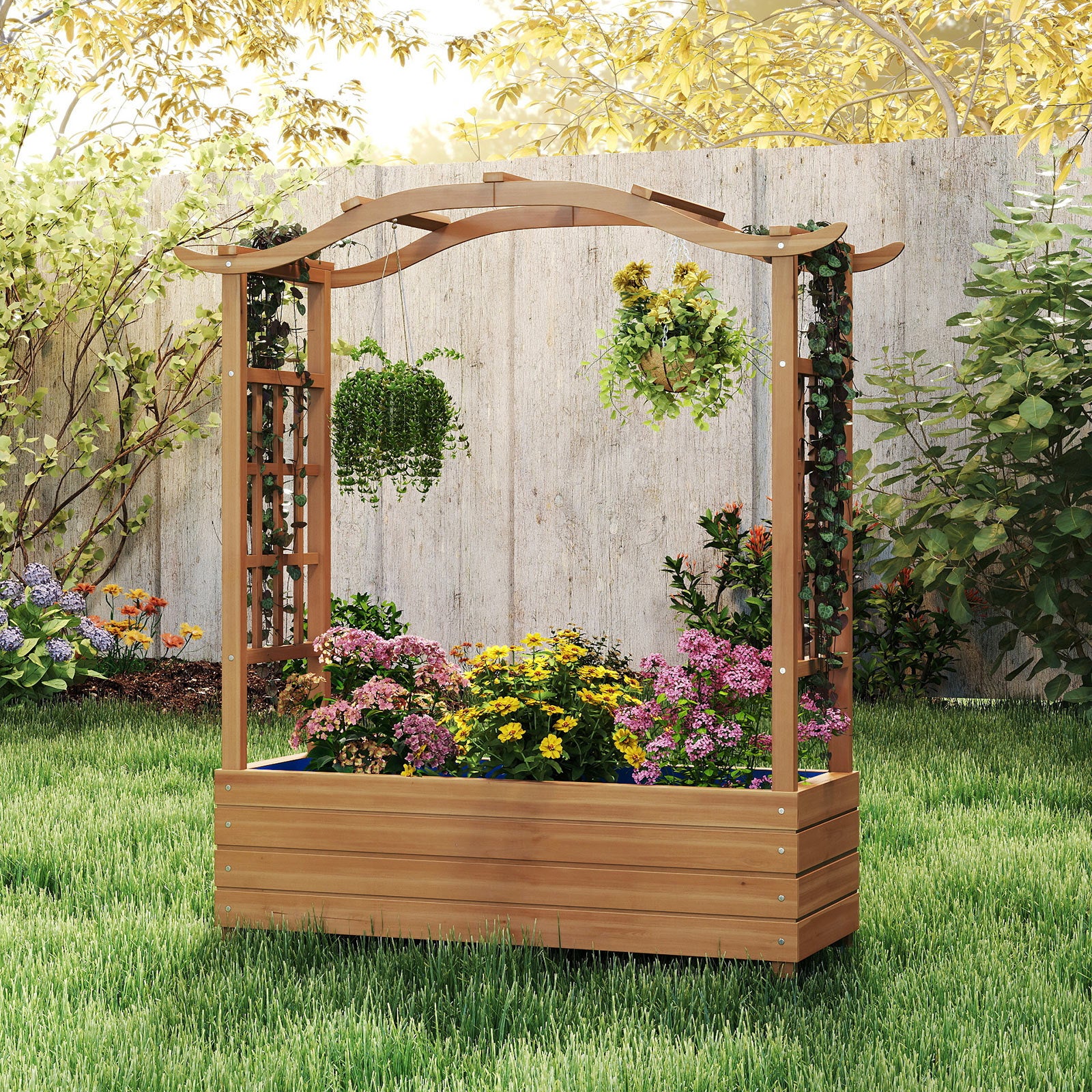Jardinière avec 2 Treillis Latéraux Toit Suspendu en Bois, Lit de Jardin Surélevé Bac Inférieur pour Fleurs Légumes Plantes Grimpantes, pour Jardin - 8