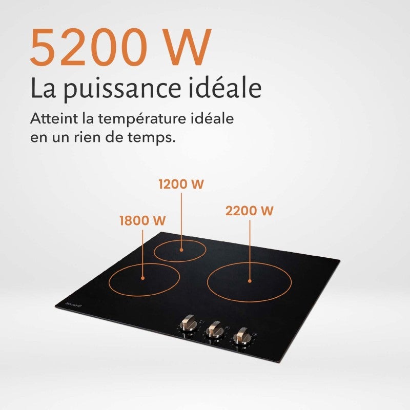 Plaque de Cuisson Vitrocéramique 3 Foyers - 5200W - Commandes par Manettes - Boutons Encastrable Contrôle Mécanique Facile - 6