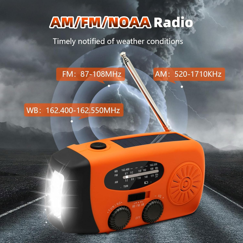 Przenośne radio awaryjne – Power Bank 2000 mAh – Radio awaryjne zasilane bateryjnie (ładowalne) – Na kemping i na wypadek klęsk żywiołowych – Pomarańc - 6