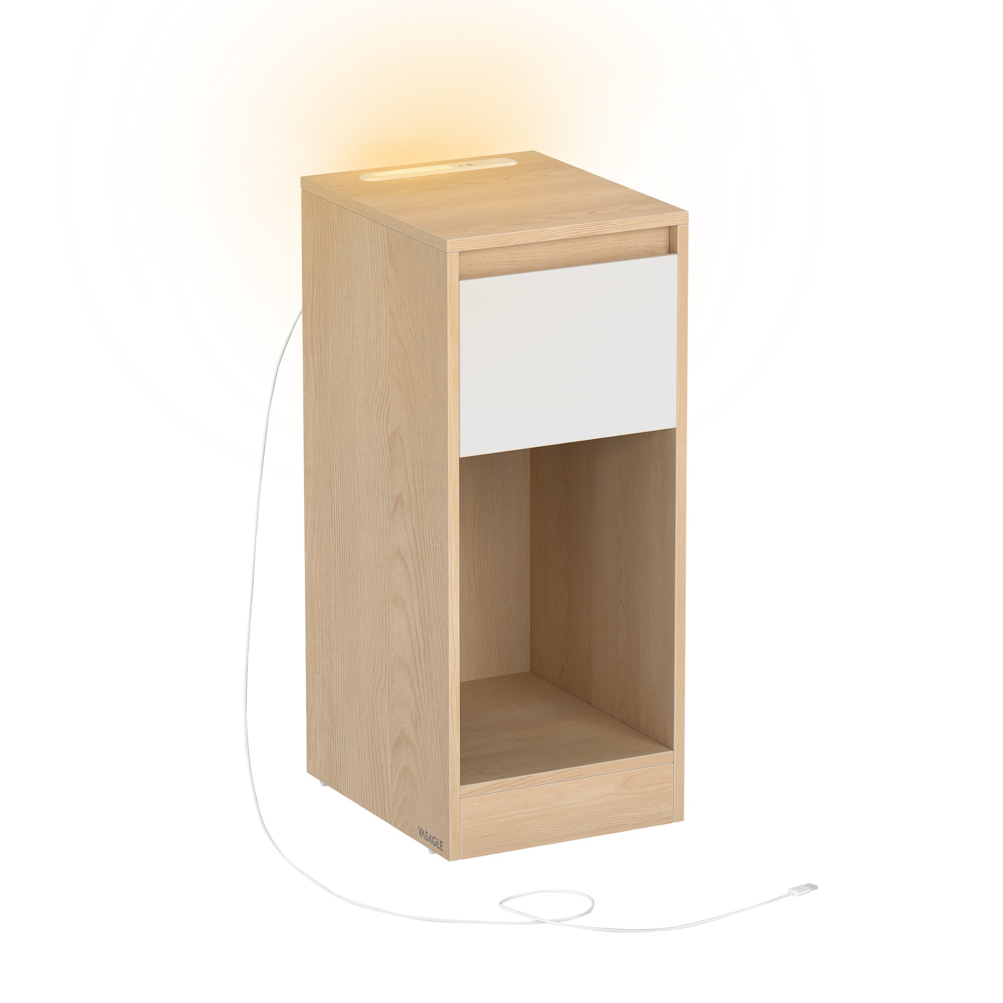 Table de chevet étroite avec éclairage LED Bluetooth et station de charge - 31 x 20 cm - Commode à 3 niveaux, 1 tiroir, 1 AC + 2 USB, comme armoire de Table de chevet étroite avec éclairage LED Bluetooth et station de charge - 31 x 20 cm - Commode à 3 niveaux, 1 tiroir, 1 AC + 2 USB, comme armoire de