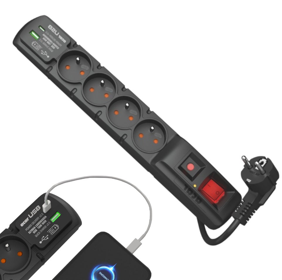 ACAR Przedłużacz Listwa Antyprzepięciowa 4 Gniazda + Ładowarka USB A+C 5m
