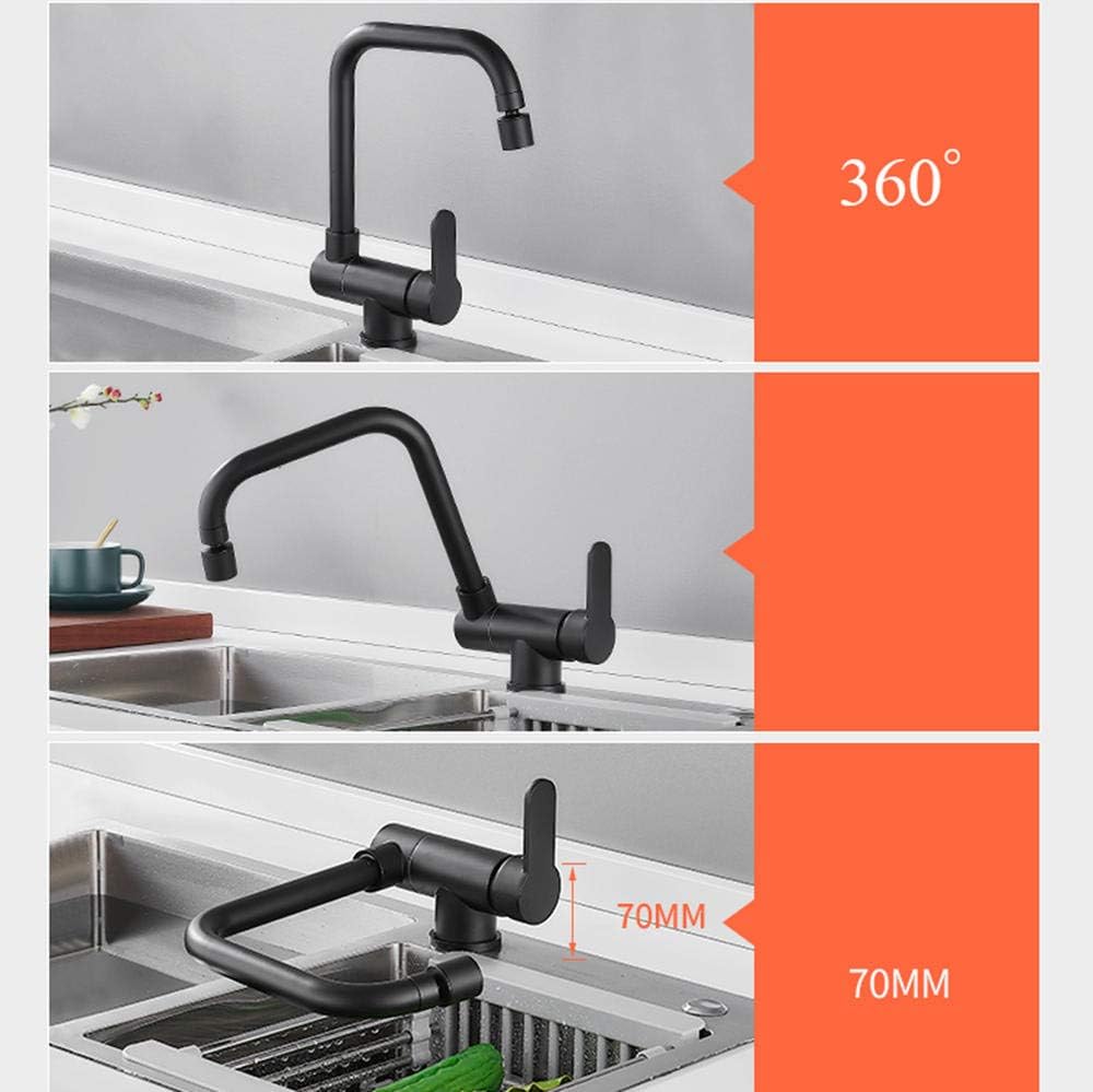 Rubinetto da cucina pieghevole nero, miscelatore monocomando in ottone per acqua calda e fredda, lavello da cucina girevole a 360 gradi - 5