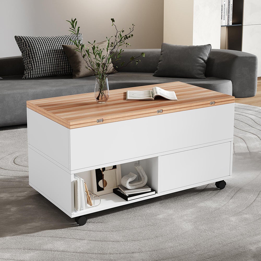 Table basse avec 4 roulettes 4 tiroirs relevable réglable en hauteur avec espace de rangement blanc - 8