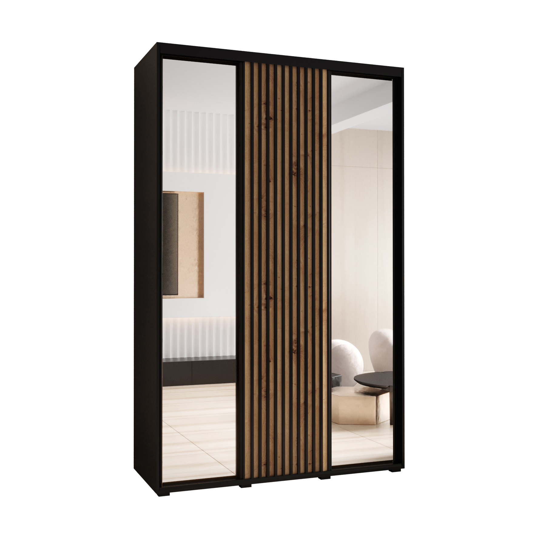 Szafa przesuwna z lustrem wysoka Lanko 2 150 x 45 x 235,2 cm czarny + artisan + lamele czarny - Abiks Meble