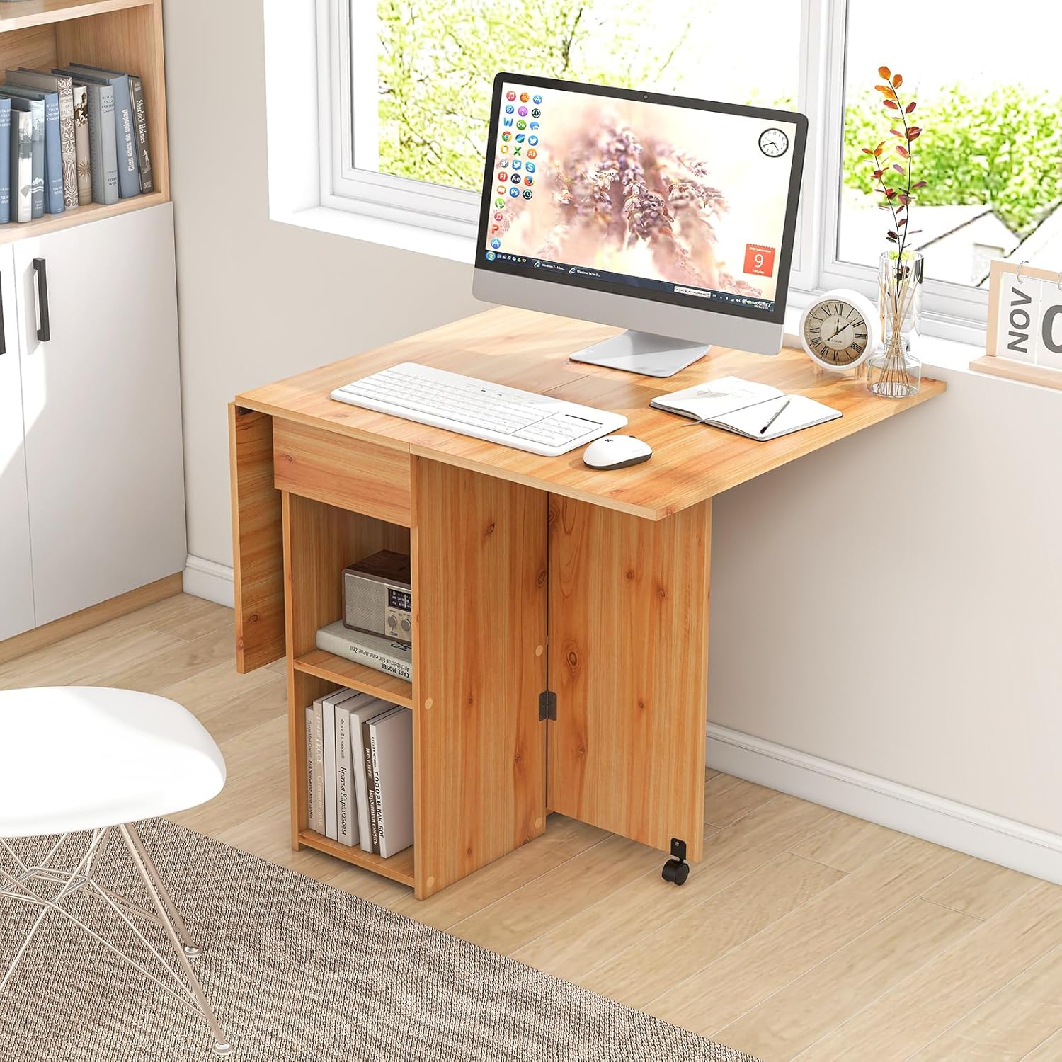 Mesa dobrável para cozinha, mesa dobrável interna com 1 gaveta e 2 prateleiras, mesa extensível para 4 pessoas, 34-120 x 72 x 75 cm (natural) - 9