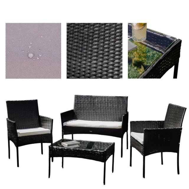 Zestaw mebli ogrodowych FERANI FIJI technorattan 4-osobowy z poduszkami fotele sofa stolik kawowy czarny/beżowy