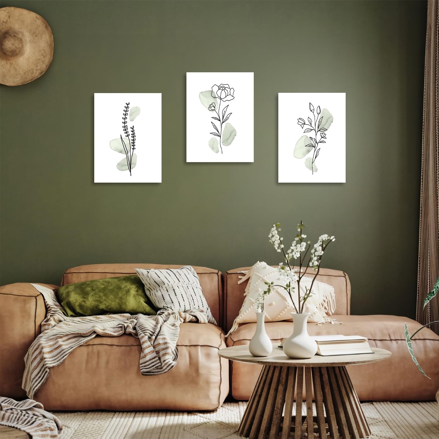 Tableau Décoration Murale Moderne Minimaliste Fleurs en Toile, Art Mural Vintage Vert Sauge, Affiches Florals Aquarelles 30x40 cm Sans Cadre, Lot de 3 - 5