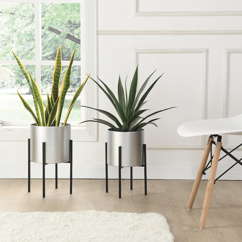 Zestaw 2 kwietników metalowych na nóżkach - śr. 25 x wys. 39 i śr. 23 x wys. 35,5 - Srebrny i czarny - EDMEE