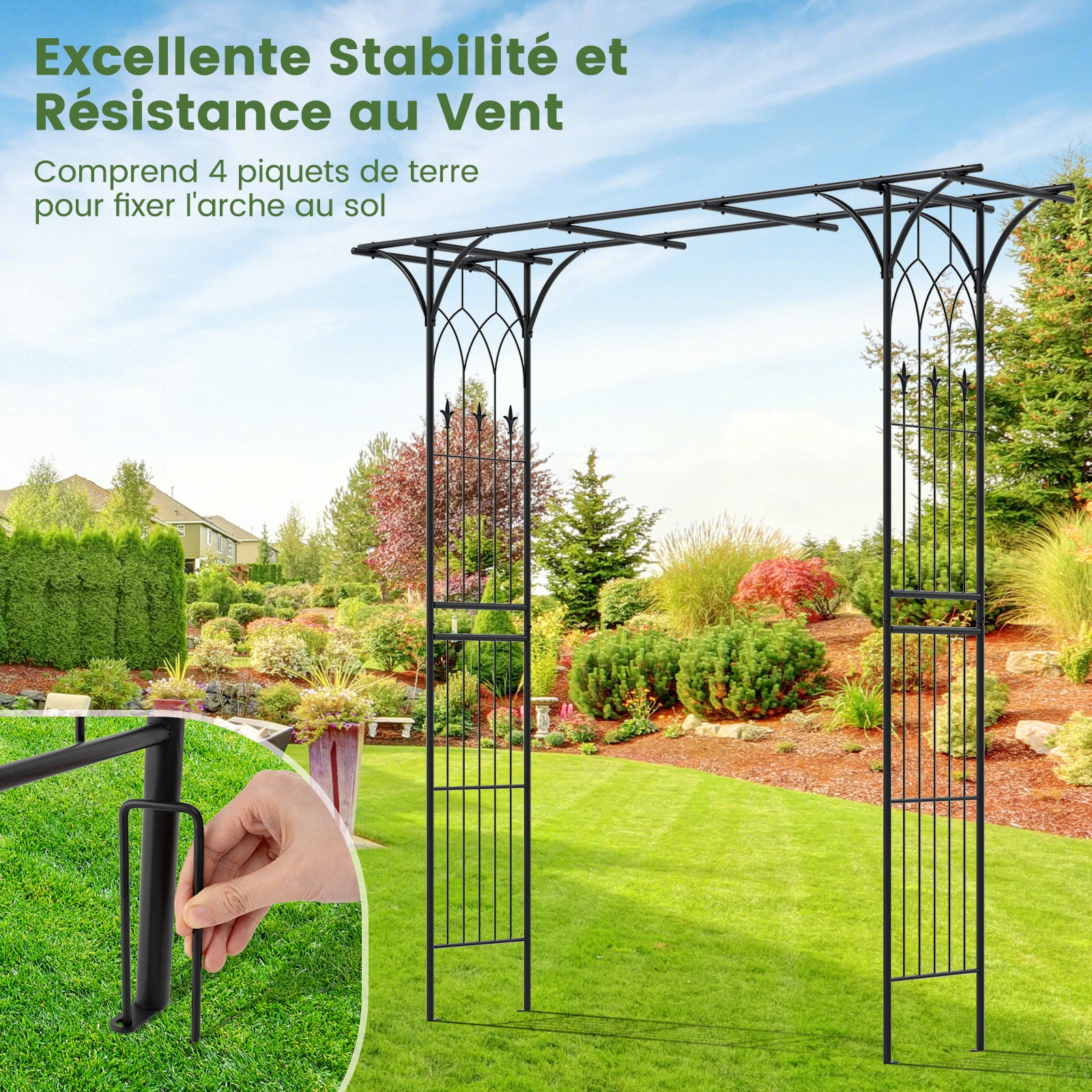 Arche de Jardin en Métal pour Plantes Grimpantes, Arceau à Rosiers en Treillis Extérieur 205x52x206CM, Support de Toile de Fond Élégant, Noir - 5
