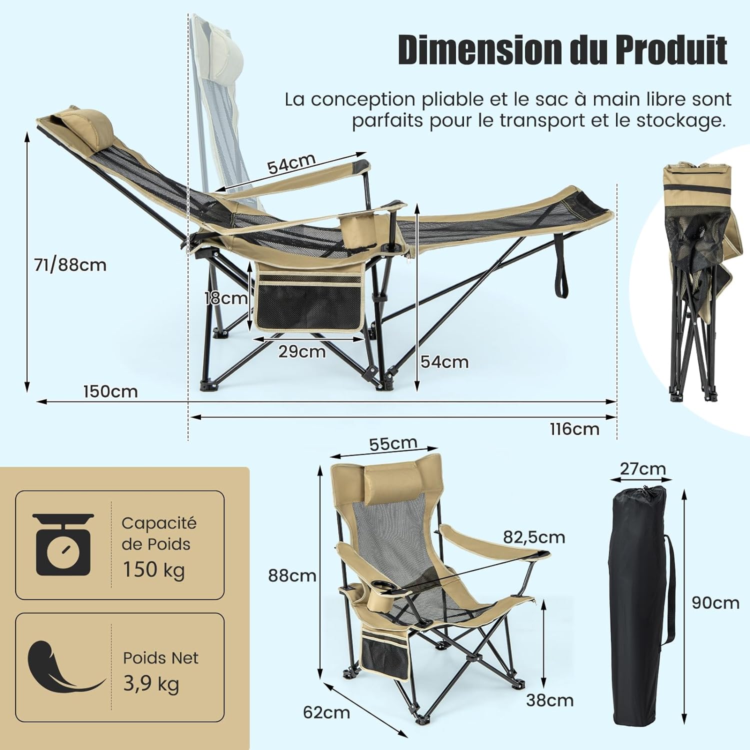 Chaise de Camping Pliable, Poche Latérale et Porte-Gobelet, Charge 150 KG(Kaki) - 4