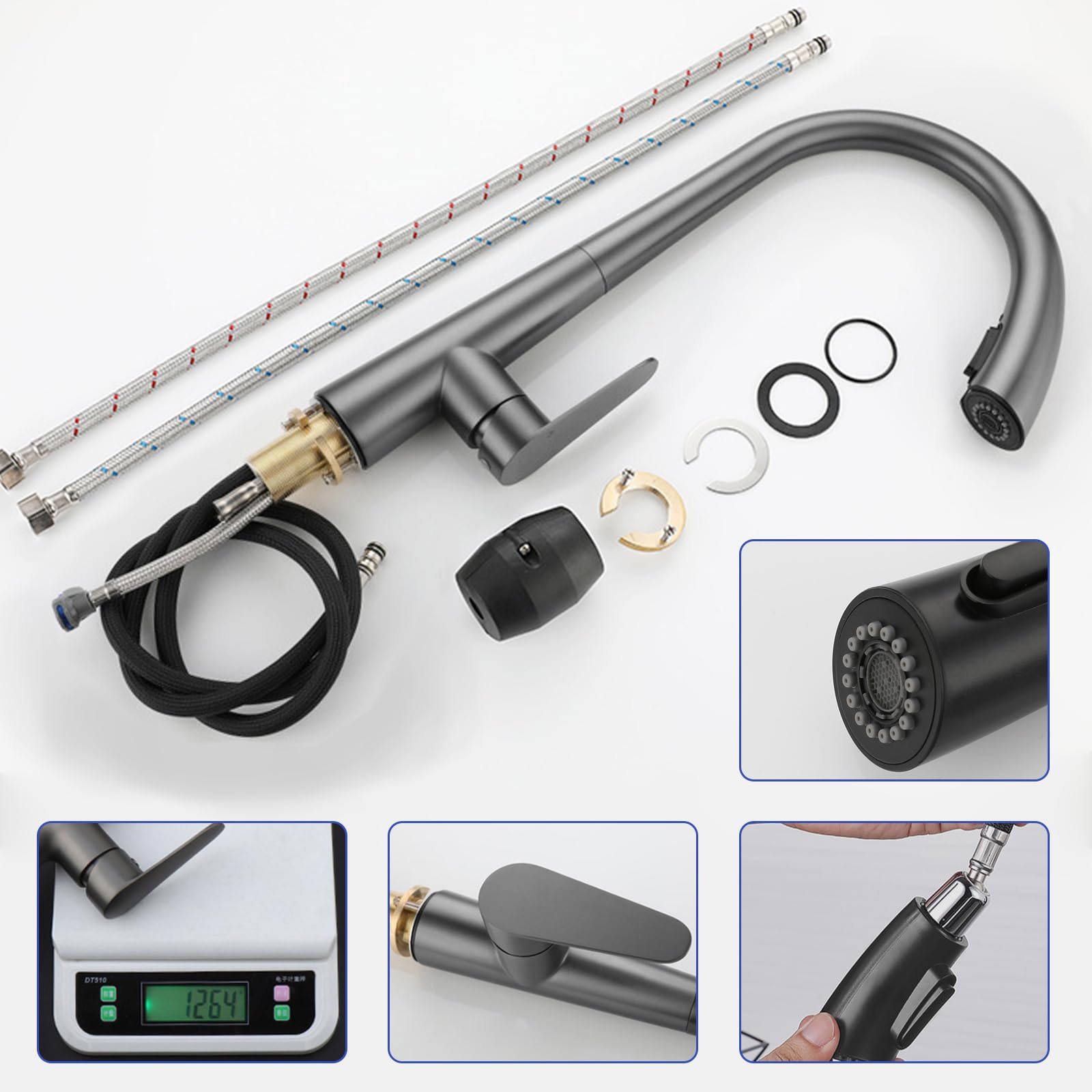Mitigeur Cuisine Gris avec Douchette Extractible 360° - Robinet Évier Acier Inoxydable 2 Modes Pulvérisation - Mitigeur Modern Cuisine - 7