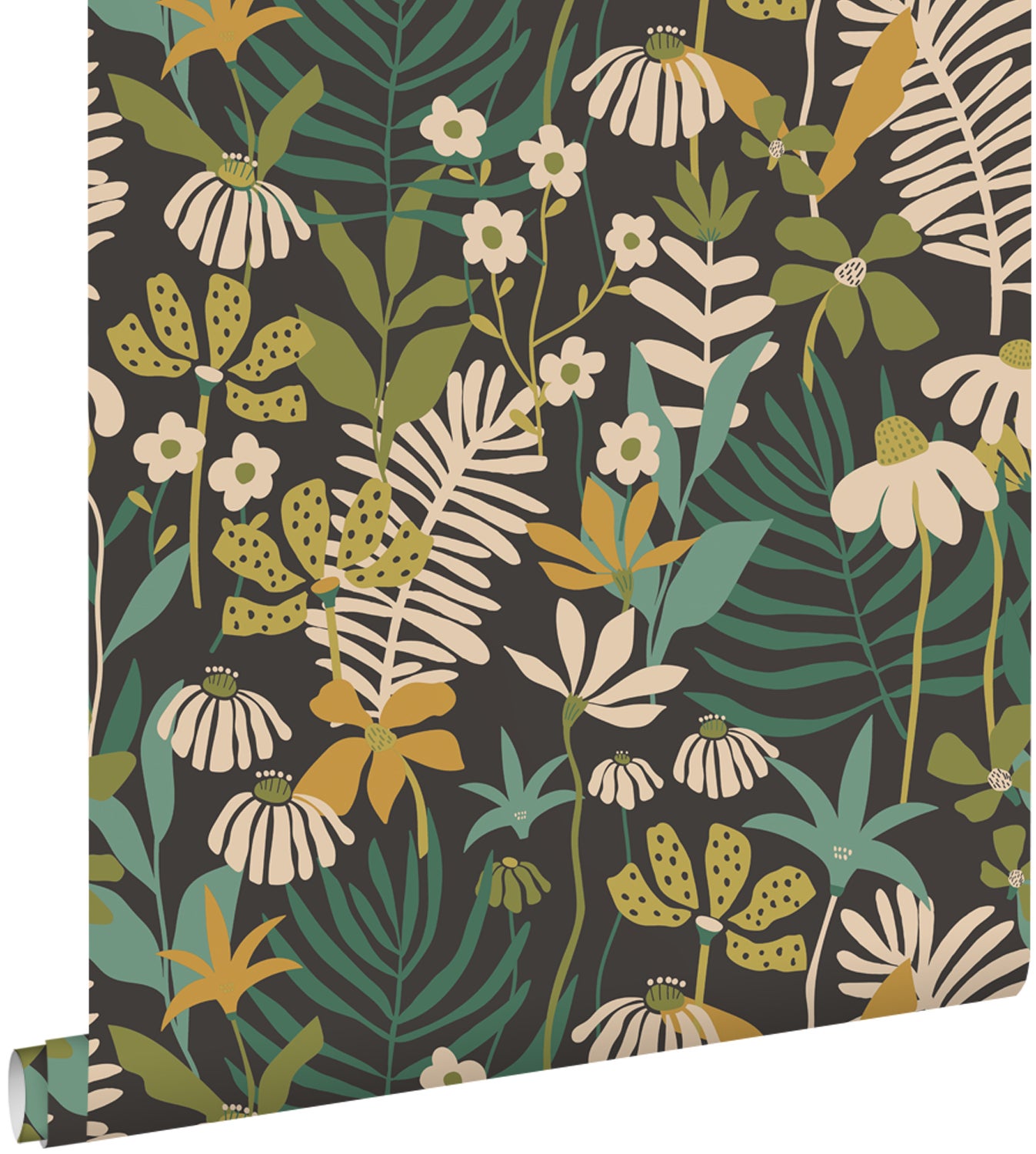 Tapeta tropikalne liście i kwiaty zielonymIw wielu kolorach - 50 x 900 cm - ESTAHOME