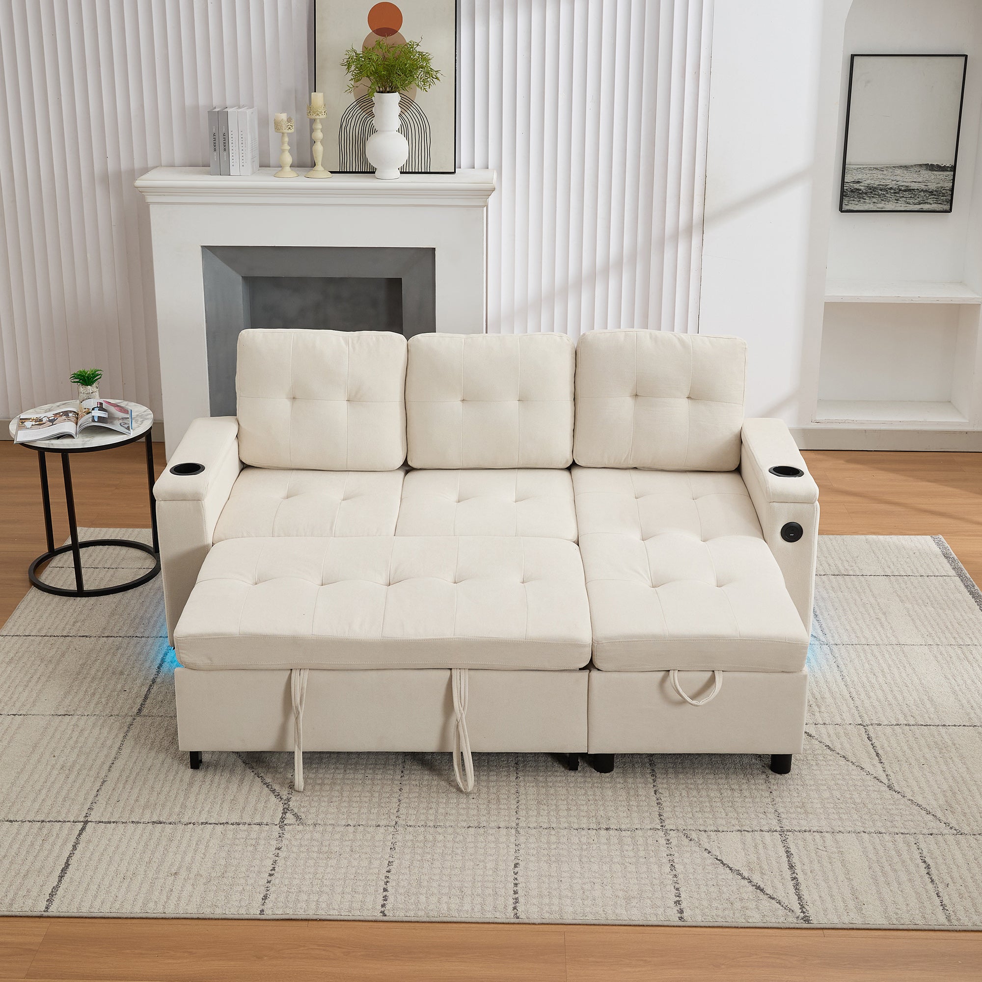 Sofa narożna 3-osobowa z funkcją spania - 208 x 146 x 89,5 cm - Diody LED i gniazdo ładowania - Wyściółka z włókniny i pianki - Beżowa - 8