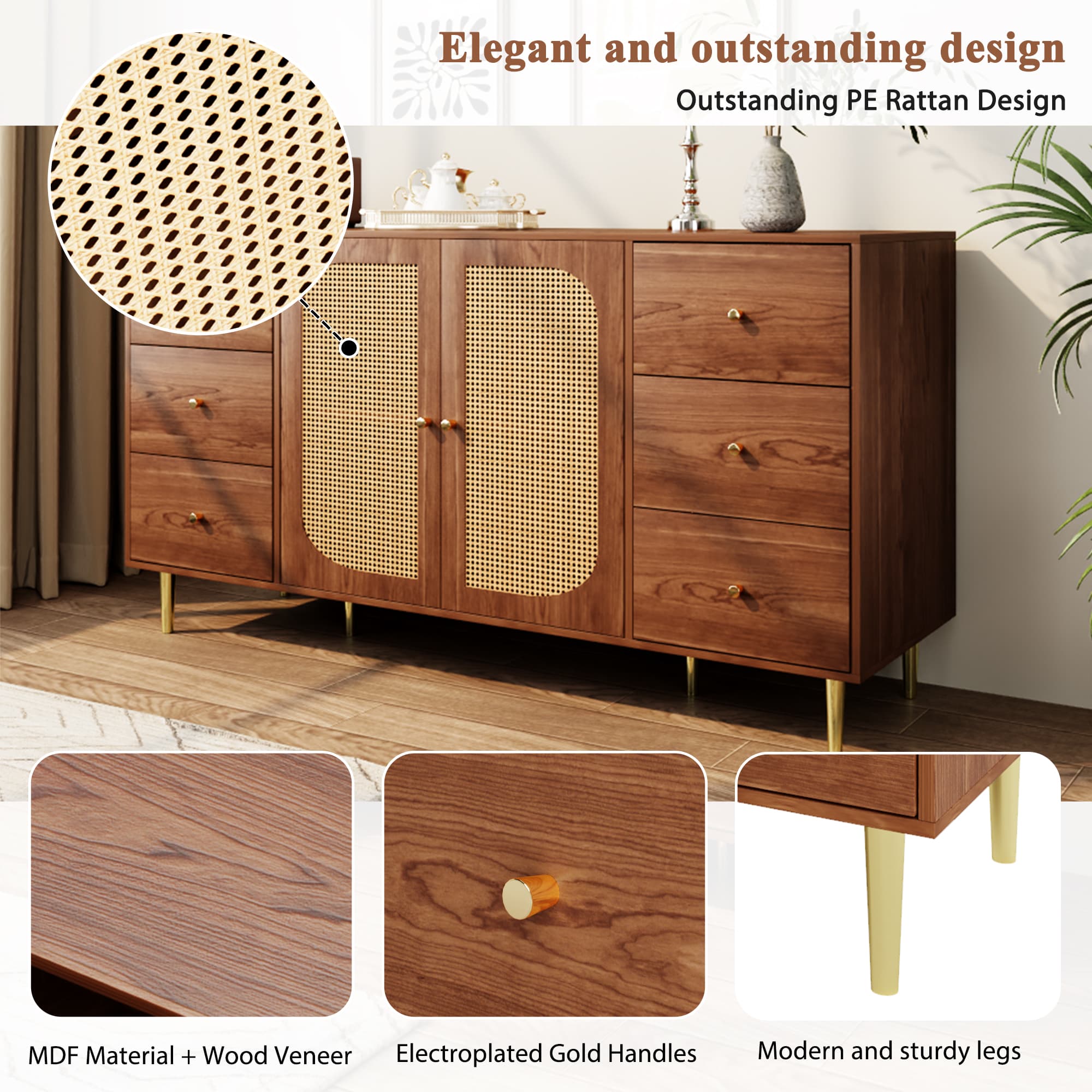 Buffet, buffet en rotin, rangement avec tiroirs, armoire en bois individuelle, cuisine, maison, salon, brun, 160 x 40 x 90 cm - 4
