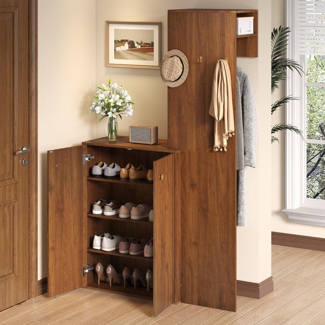 Meuble d'Entrée 115x38.5x191.5 cm - Ensemble de Garderobe avec Meuble à Chaussures, Patères et Tringle - Noyer et Or