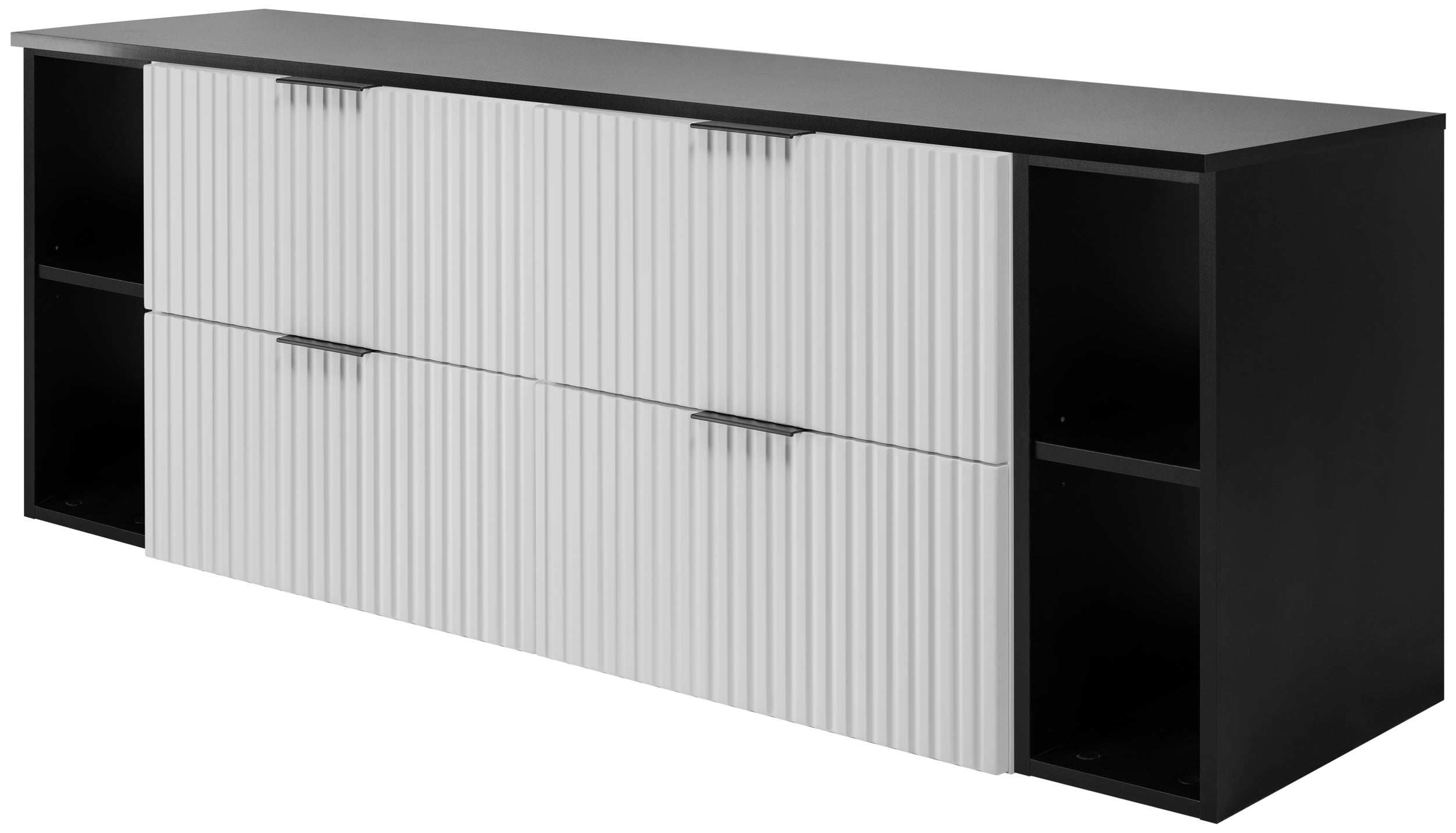 Szafka łazienkowa FLOW 160 cm biała z czarnymi regałami blat ryflowany front