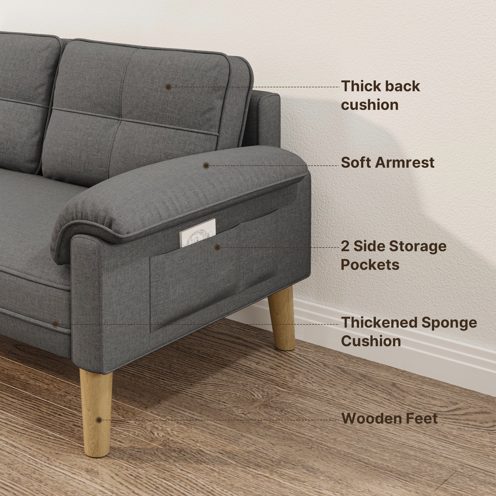 Canapé 2 places Gris Foncé en tissu,design scandinave,assise confortable,pieds en bois,pour salon et petit espace,145 x 77 x 77 cm - 5