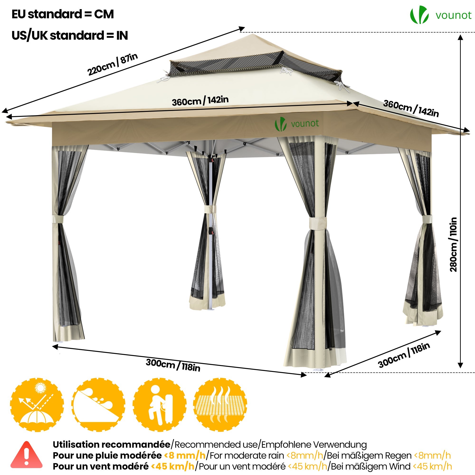 Tonnelle de jardin extérieure 3,6x3,6m pliable avec moustiquaire beige - VOUNOT® - 5