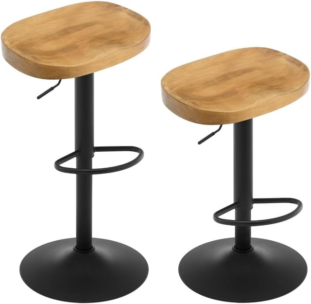Lot de 2 Tabouret de Bar WOLTU, Chaise de Bar, Tabouret Haut en Bois, Cadre en Métal, Réglable en Hauteur, Pivotant à 360°, Chêne foncé